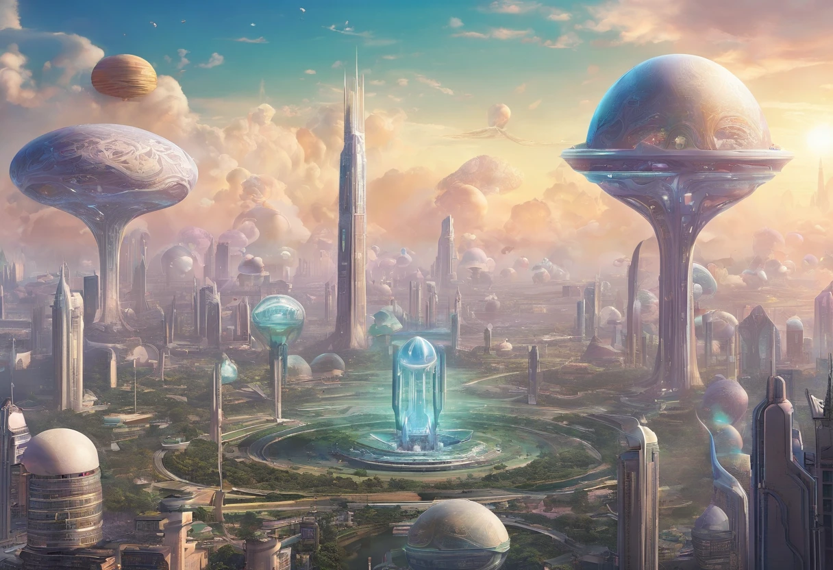 Pearl, the floating city, is a breathtaking vision suspended high above the clouds of Venus. Its architectural marvels boast futuristic designs that seem to defy gravity, with gleaming skyscrapers that reach into the heavens. The city is a symphony of futuristic aesthetics, featuring translucent glass domes and glistening crystal walkways.
As the sunlight filters through the thick Venusian atmosphere, it bathes Pearl in a soft, otherworldly glow, casting iridescent reflections on the surrounding clouds. The city's infrastructure seamlessly blends with the natural beauty of the planet, creating a harmonious coexistence between technology and nature.
Lush hanging gardens cascade from the edges of towering buildings, where exotic and rare flora flourishes year-round. Visitors can explore the celestial gardens and witness the vibrant colors and intricate patterns of these alien plants.
The streets of Pearl are alive with the hum of advanced technology, yet they are impeccably clean and orderly. Futuristic vehicles glide silently through the air, while pedestrians stroll along promenades lined with holographic advertisements for the city's many attractions.
Pearl's skyline is punctuated by iconic landmarks, including the Celestial Platforms, where thrill-seekers can enjoy jet-powered flights and cloud diving. The Temple of Knowledge, a striking edifice of knowledge and enlightenment, stands as a testament to the city's commitment to intellectual pursuits.
In Pearl, life appears to be a utopian dream, a perfect oasis amidst the chaos, pollution, and destruction that was left behind on Earth after nuclear wars. It offers a stark contrast to the mundane and agricultural existence on Mars. However, beneath this veneer of perfection lies a sinister secret, a price that must be paid for those who choose to call Pearl their home.