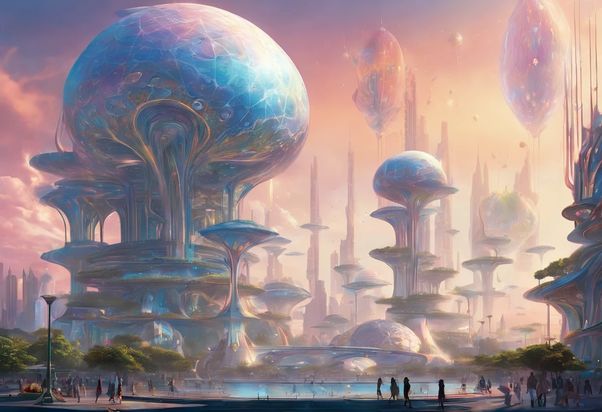 Pearl, the floating city, is a breathtaking vision suspended high above the clouds of Venus. Its architectural marvels boast futuristic designs that seem to defy gravity, with gleaming skyscrapers that reach into the heavens. The city is a symphony of futuristic aesthetics, featuring translucent glass domes and glistening crystal walkways.
As the sunlight filters through the thick Venusian atmosphere, it bathes Pearl in a soft, otherworldly glow, casting iridescent reflections on the surrounding clouds. The city's infrastructure seamlessly blends with the natural beauty of the planet, creating a harmonious coexistence between technology and nature.
Lush hanging gardens cascade from the edges of towering buildings, where exotic and rare flora flourishes year-round. Visitors can explore the celestial gardens and witness the vibrant colors and intricate patterns of these alien plants.
The streets of Pearl are alive with the hum of advanced technology, yet they are impeccably clean and orderly. Futuristic vehicles glide silently through the air, while pedestrians stroll along promenades lined with holographic advertisements for the city's many attractions.
Pearl's skyline is punctuated by iconic landmarks, including the Celestial Platforms, where thrill-seekers can enjoy jet-powered flights and cloud diving. The Temple of Knowledge, a striking edifice of knowledge and enlightenment, stands as a testament to the city's commitment to intellectual pursuits.
In Pearl, life appears to be a utopian dream, a perfect oasis amidst the chaos, pollution, and destruction that was left behind on Earth after nuclear wars. It offers a stark contrast to the mundane and agricultural existence on Mars. However, beneath this veneer of perfection lies a sinister secret, a price that must be paid for those who choose to call Pearl their home.