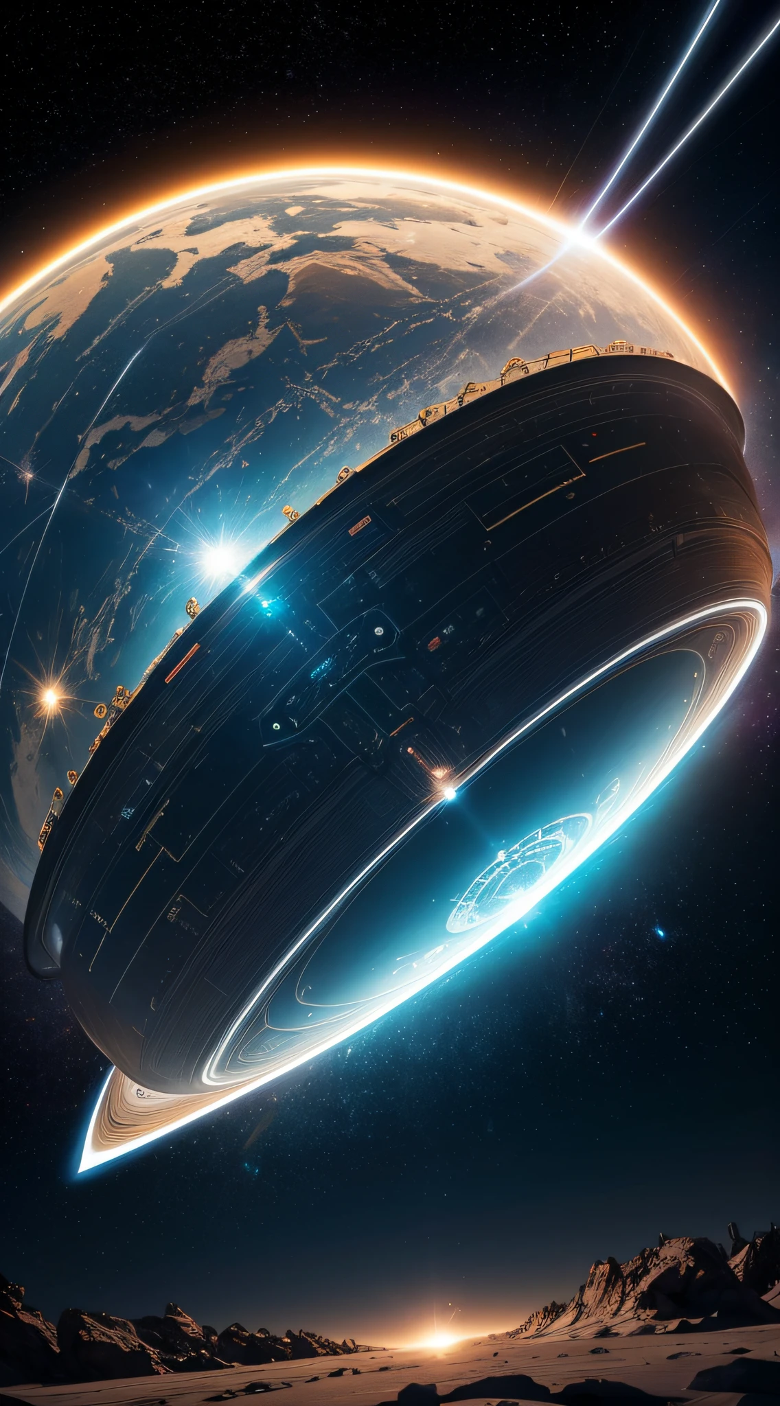 (best quality,4k,8k,highres,masterpiece:1.2),ultra-detailed,(realistic,photorealistic,photo-realistic:1.37),Close-up of the Black Knight satellite,metallic,ancient extraterrestrial technology,ominous presence,detailed space debris,satellite of unknown origin,unearthly design,glowing blue lights,expansive solar panels,symmetrically arranged circuitry,futuristic retro-futurism,hovering silently in space,mysterious dark body against starry backdrop,thousands of years old,orbital anomaly,ancient civilization's relic,curved antenna,reflecting sunlight,cosmic masterpiece,unexplainable phenomenon,orbiting Earth,hauntingly beautiful,natural cosmic textures,shadows cast by satellite's structure,transmitting signals from deep space,interstellar communication device,intergalactic connection,alternative energy source,vibrant colors,interplay of shadows and highlights,celestial mystery,cosmic enigma.