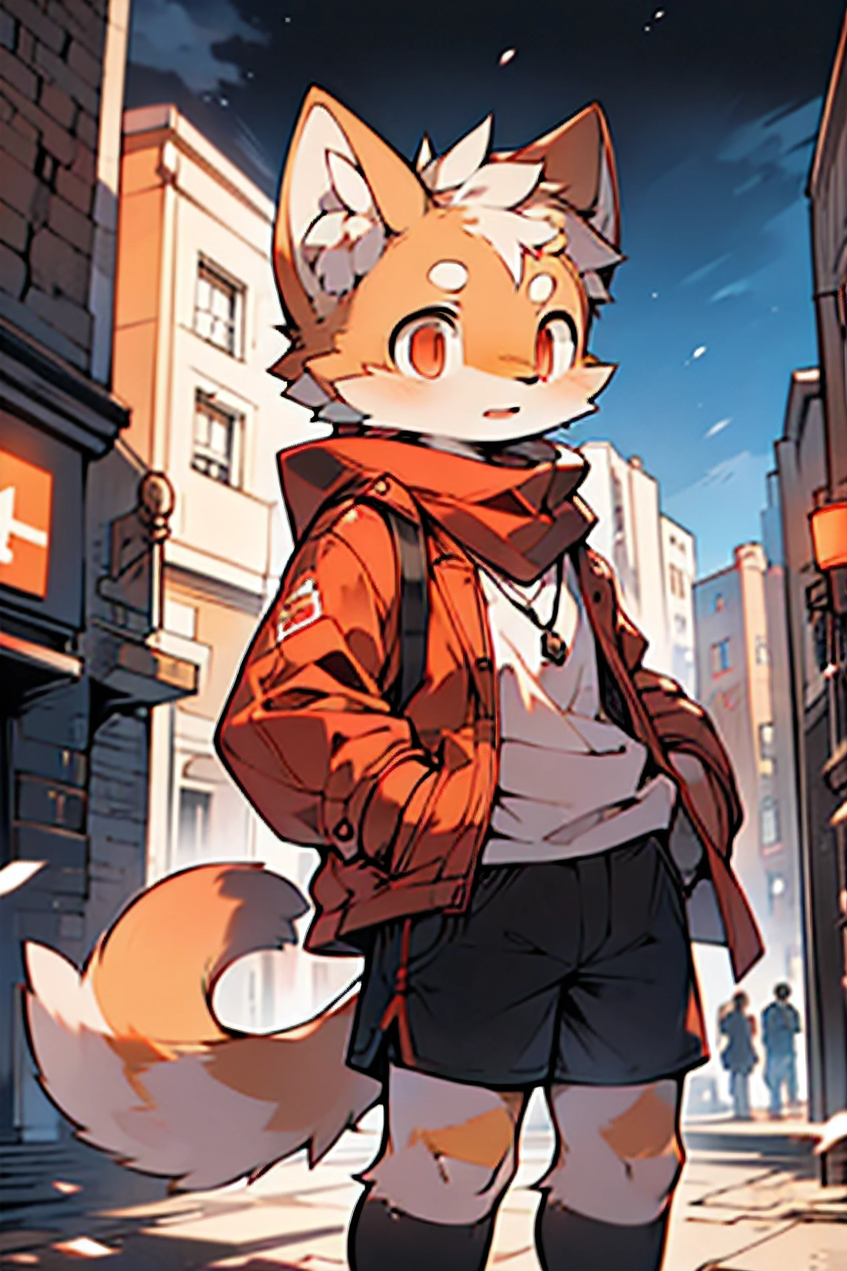 London in the twentieth century，Orange cat，Run alone，Light orange fur，Wear a white shirt，Black  shorts，Brown worn-out coat，Red scarf shirt，Red eyes，Put your hands in your shirt pocket（A masterpiece）（high qulity）（Clear structure）（Clear lines）（Background of extreme detail）（extremelydetailedcharacter）