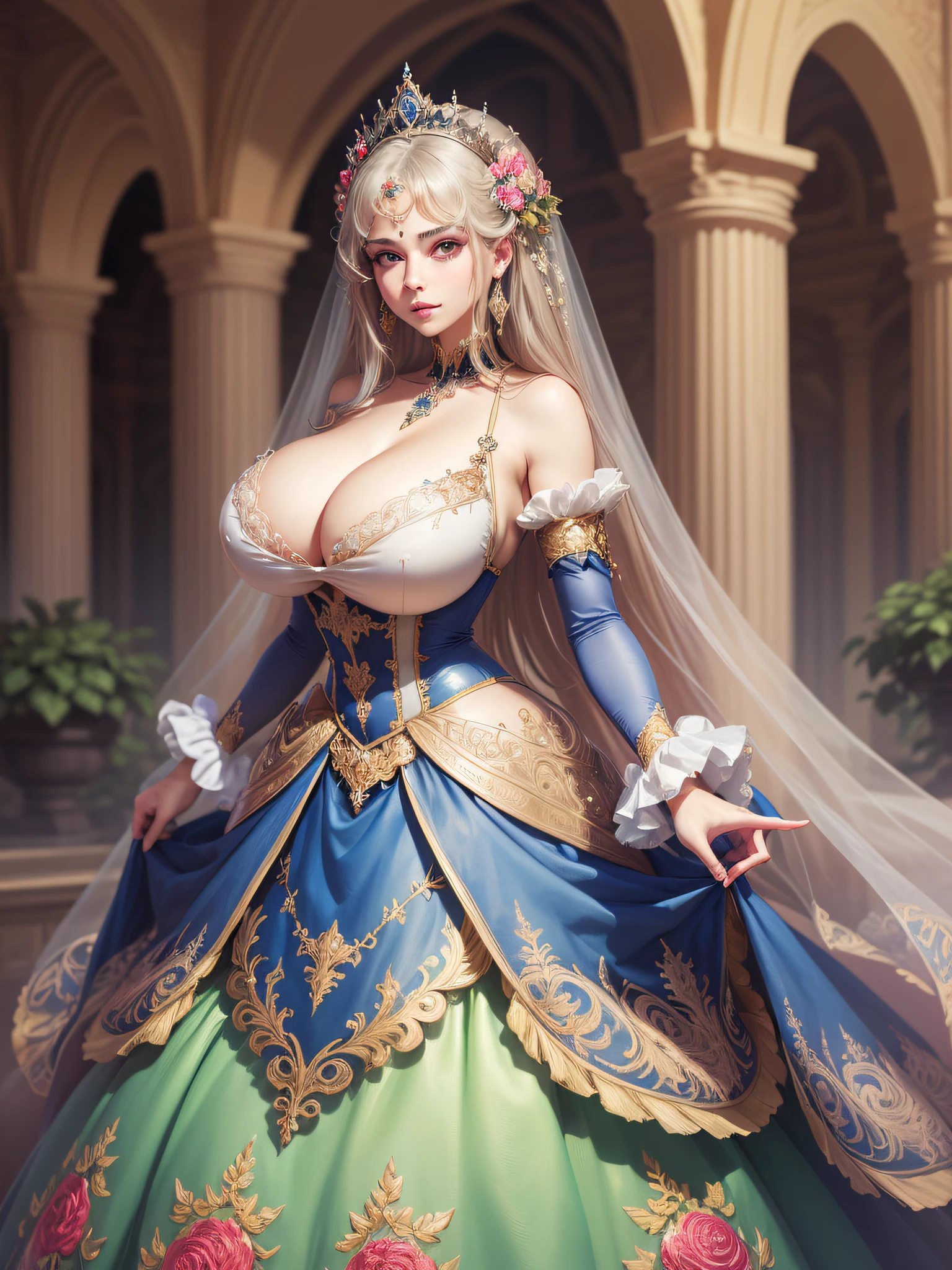 ((anime artstyle)),(Masterpiece),(Best Quality), (Super Detail),((Very Delicate and Beautiful)),cinematic lighting,1 lady,((full body portrait)),((standing in garden)),((solo)),(((1 princess in beautiful embroidery and jeweled extremely gorgeous princess rococo ballgown with voluminous full length hoop skirt))),((crinoline)),long train,((beautiful embroidery and jeweled)),voluminous frills,See-through,(gorgeous embroidery and beautiful lace),(((extremely gigantic tits,skindentation))),cleavage,((large amount of straight hair,extremely voluminous Hair,Very Long Straight Hair)),(finely detailed face and eyes),clear pupil,extremely gorgeousfull hair ornament,(bling-bling jeweled extremely gorgeousfull tiara),(bling-bling gorgeous gemstone jewelry),long veil,(beautiful background),(full body),((beautiful embroidery and jeweled extremely gorgeous princess rococo ballgown with voluminous full length hoop skirt))