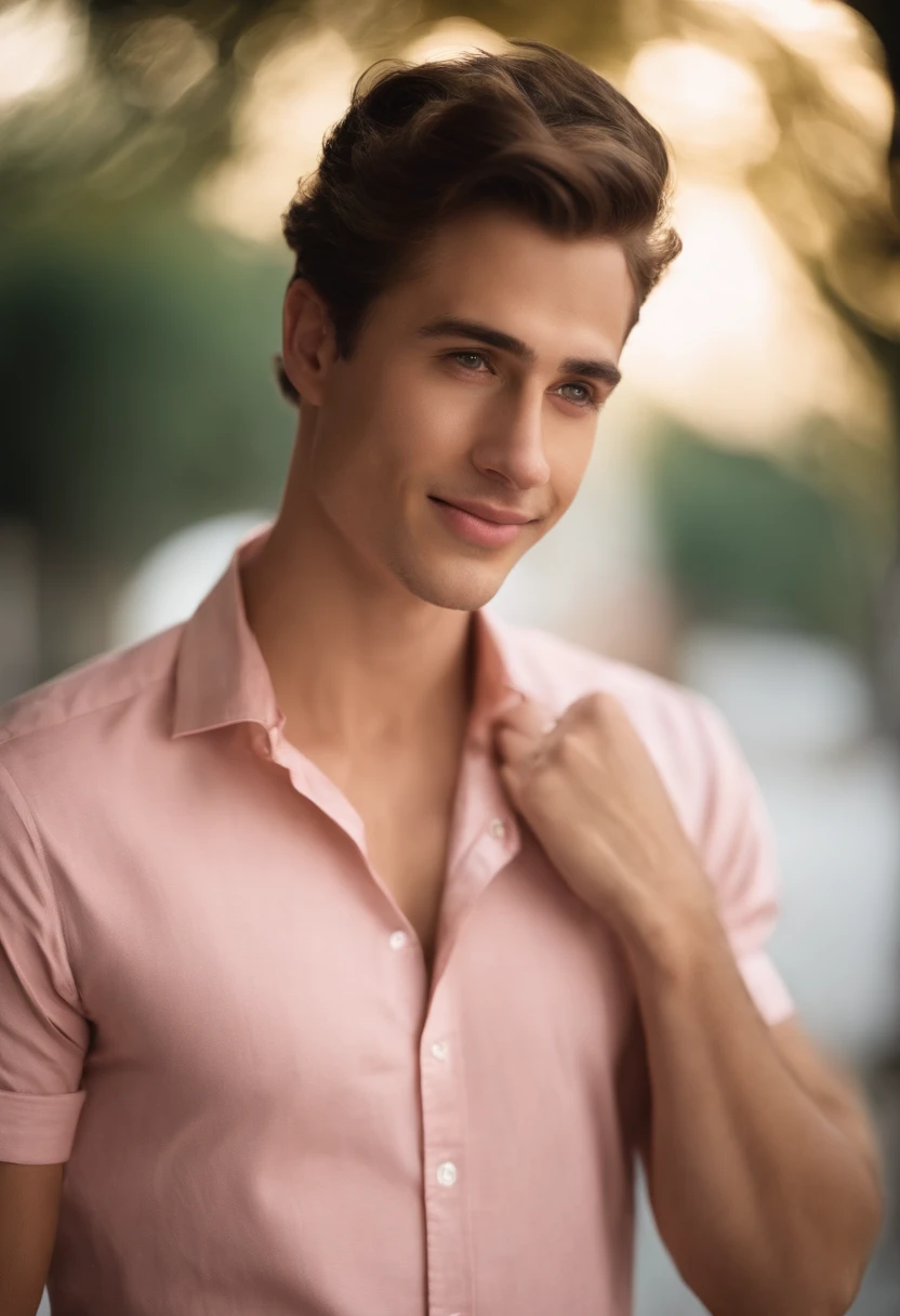 This 20-year-old British man displays a radiant youth...., with naturally pink lips that curve into a charming smile. Seu cabelo loiro, curto e reto, flows gently up to the neck, capturando a luz de maneira sutil. Seus olhos azuis, As clear as the sky, refletem uma serenidade juvenil. The perfect facial features outline a captivating face, where every detail looks carved with precision. Your toned body reveals dedication to health and well-being, conveying an athletic and vibrant presence. Vestindo uma simples camisa de linho, ele irradia felicidade, as if the light fabric matched the lightness of his spirit. A camisa, sutil e elegante, highlights your youth with a touch of relaxed style. The cinematic portrayal is realistic, com um rosto lindamente detalhado, With a high resolution of 8K and atmospheric lighting that highlights the realistic and sharp features of your face.