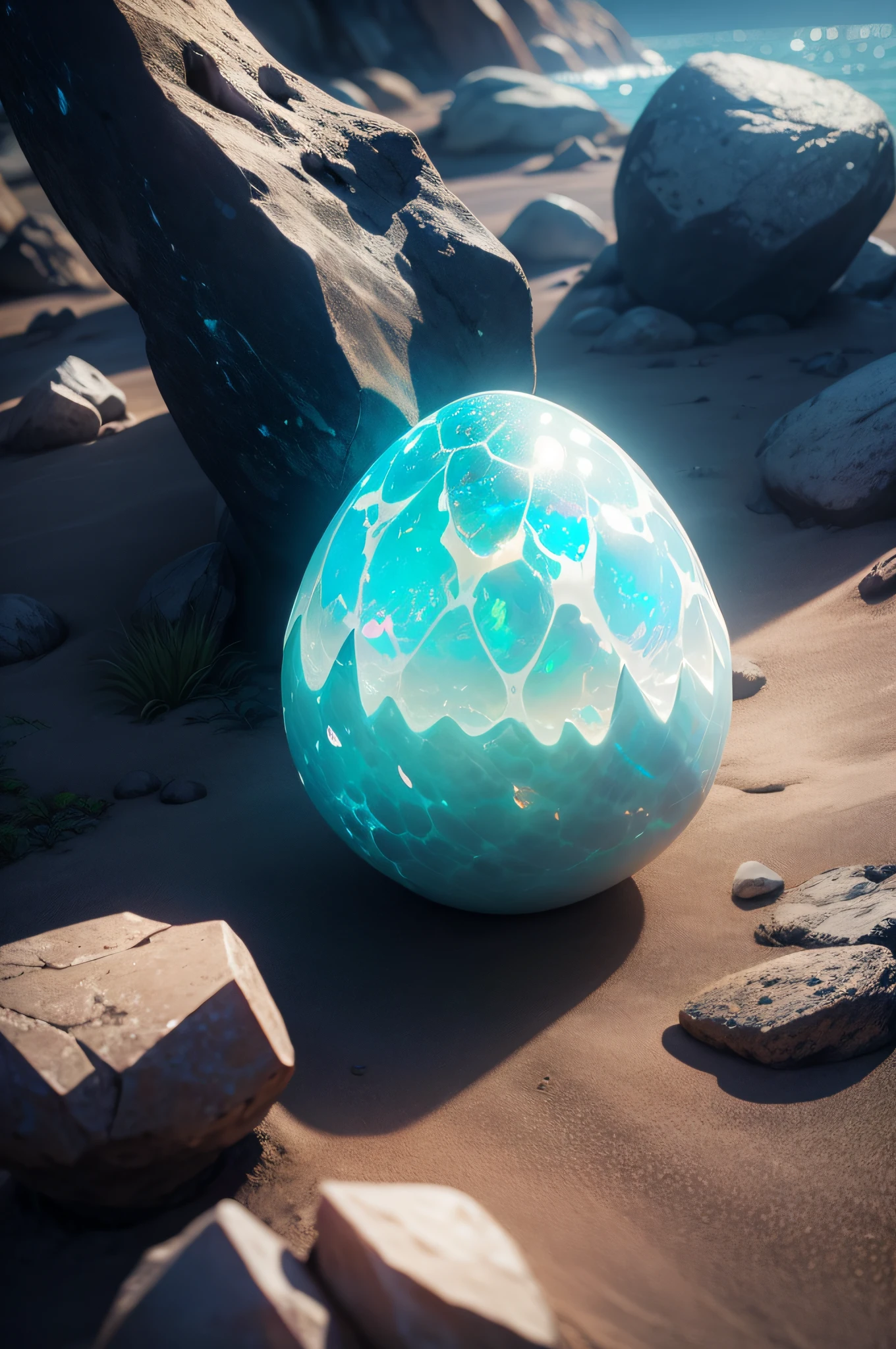 masterpiece, beautiful opal-like dragon egg on rock, glowing subsurface, cinematic lighting,