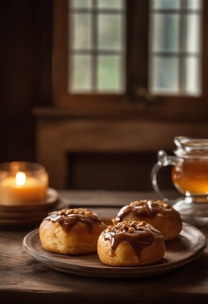 A rustic wooden table, envelhecida pelo tempo, It's the perfect setting for this scene. Sobre a mesa, There are three honey buns stuffed with dulce de leche and topped with a generous layer of chocolate. Each of them is a small masterpiece of confectionery, com um aspecto caseiro e acolhedor.

Two of the honey buns are whole, displaying a glossy chocolate surface that reflects light gently. The third honey bun has an evident bite at the end, revelando o recheio de doce de leite que se derrama de forma tentadora. The cookie crumbs around him testify to the irresistible taste someone has already tasted.

The table is softly lit by natural light coming in through the window, highlighting the textures and colors of the honey buns and the beauty of the rustic wood of the table. It's a scene that evokes comfort, indulgence and culinary pleasure.