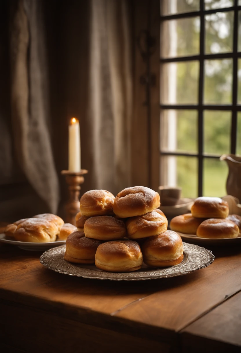 A rustic wooden table, envelhecida pelo tempo, It's the perfect setting for this scene. Sobre a mesa, There are three honey buns stuffed with dulce de leche and topped with a generous layer of chocolate. Each of them is a small masterpiece of confectionery, com um aspecto caseiro e acolhedor.

Two of the honey buns are whole, displaying a glossy chocolate surface that reflects light gently. The third honey bun has an evident bite at the end, revelando o recheio de doce de leite que se derrama de forma tentadora. The cookie crumbs around him testify to the irresistible taste someone has already tasted.

The table is softly lit by natural light coming in through the window, highlighting the textures and colors of the honey buns and the beauty of the rustic wood of the table. It's a scene that evokes comfort, indulgence and culinary pleasure.