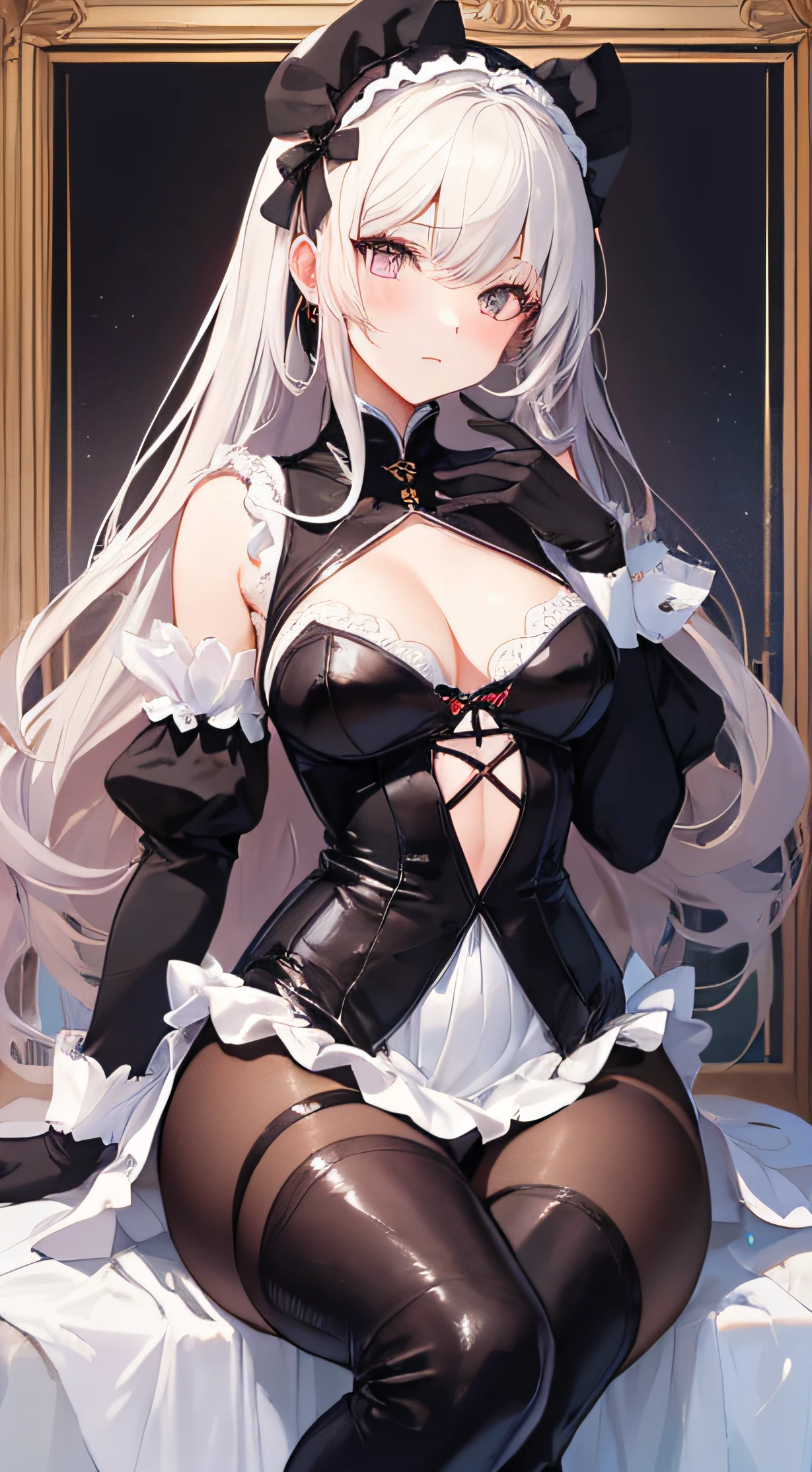 This charming girl wears a striking maid outfit,Her tall figure is paired with a narrow waist,Showcases elegant curvy beauty。Her long hair drapes freely,Exudes a feminine atmosphere。She wears over-the-knee boots and high-heeled boots,The two slender long bare legs are even more attractive in the dynamic posture。The appearance of a white-skinned girl with elements of Lolita's fashion,It presents an elegant style。She boldly shows off leggings and bare thigh pants,Highlight her fashion taste and sexy charm。The details of long gloves and frilled gloves show her attention to fashion details,Gently hold your hair in your hand,With a touch of coquettishness。The combination of bra and black gloves adds a sense of mystery to the overall look。The girl revealed confidence、Unique and sexy charm