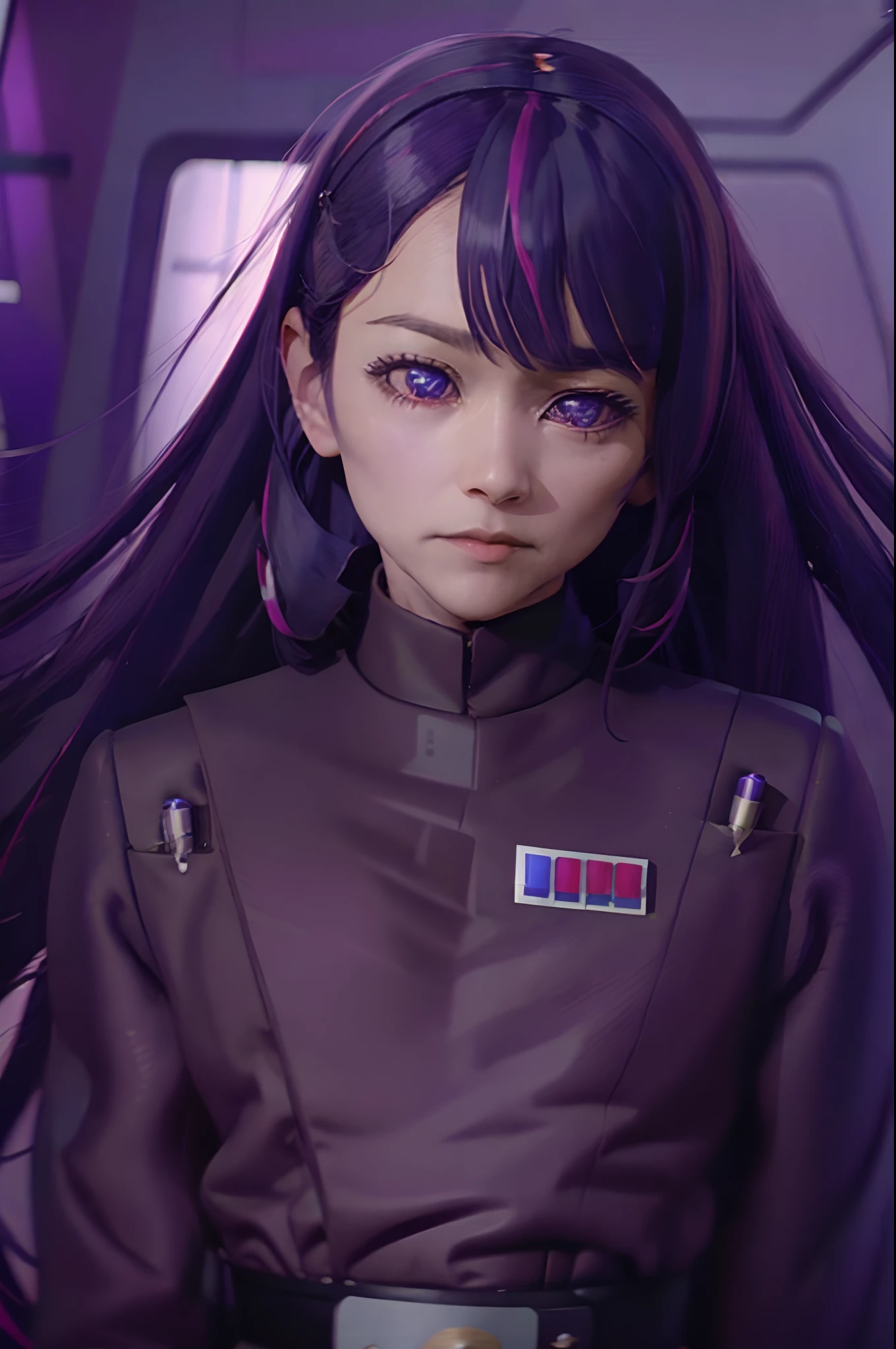 Hoshino Ai, long hair, purple hair, streaked hair ,purple eyes, star-shaped pupils, hair ornament, imperialofficer uniform