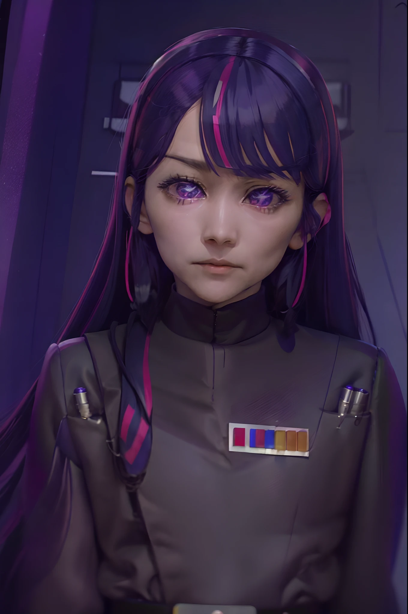 Hoshino Ai, long hair, purple hair, streaked hair ,purple eyes, star-shaped pupils, hair ornament, imperialofficer uniform