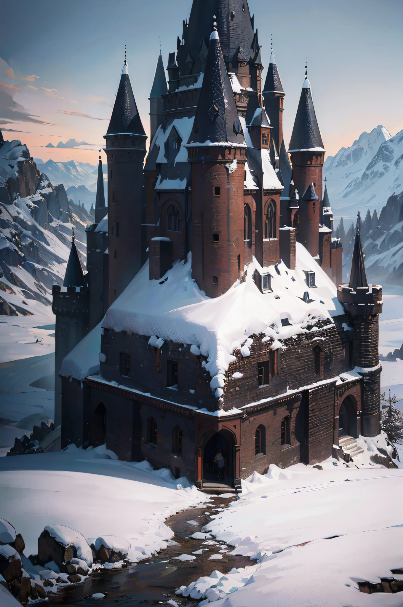 Schwarzer Drache, auf einer schneebedeckten Burgruine sitzend, Oil painting, Konzeptzeichnung, Traditionelle Malerei, Ultra-realistisch, Highly detailed, Weiche Schatten, +4K +UHD +filmisch, --ar 16:9 --test –creative