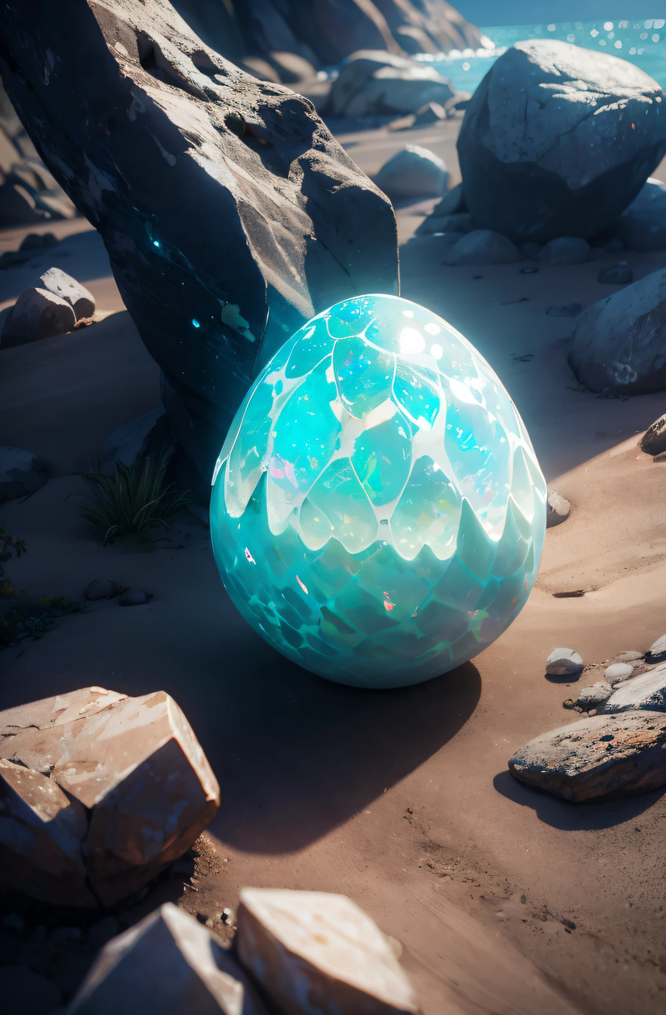 Meisterwerk, Beautiful opal-like dragon egg on rocks, Glowing substrate, Filmische Beleuchtung,