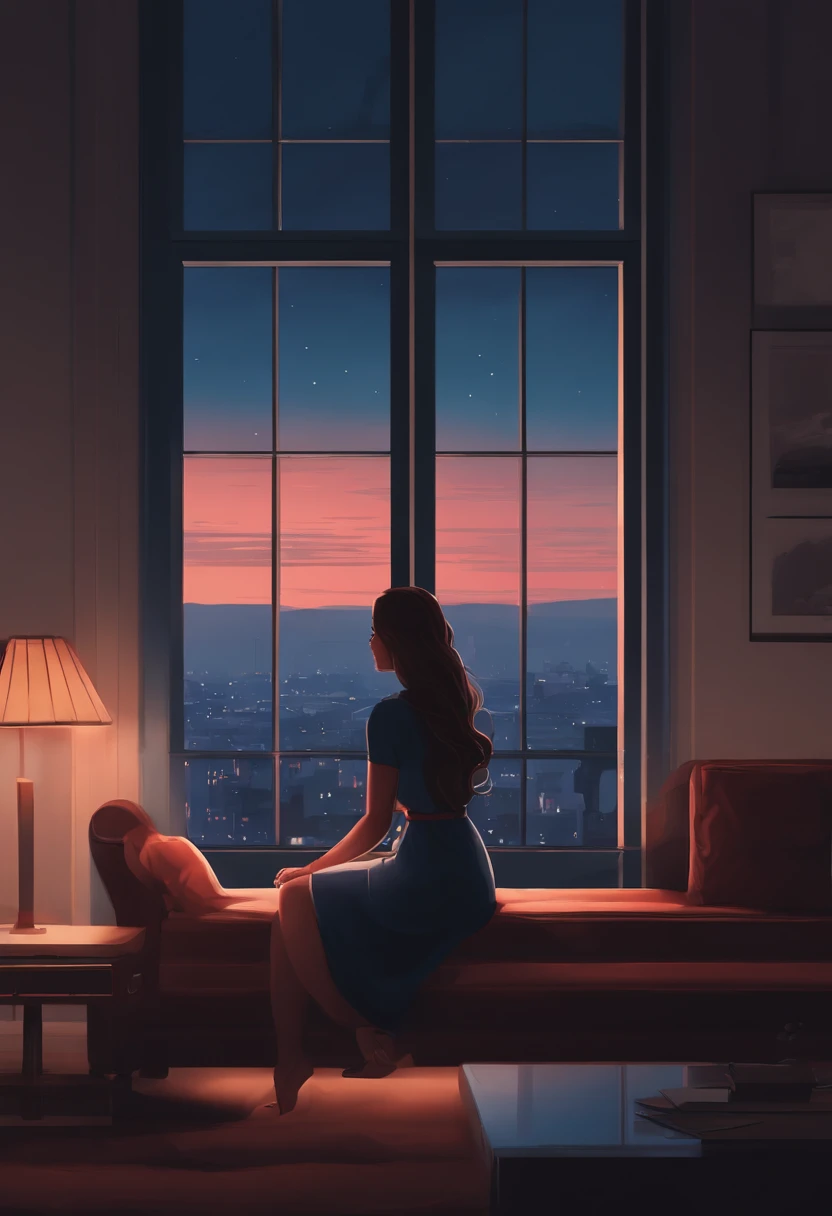 a woman sitting on a coach in front of a window cityscape, a digital painting inspired by Alena Aenami, pixiv, realism, calm night. digital illustration, blurred and dreamy illustration, blues, blurry and dreamy illustration, artistic. alena aenami, keyframe illustration, dreamy illustration, lo-fi illustration style, style of alena aenami, (size 2560 x 1440)