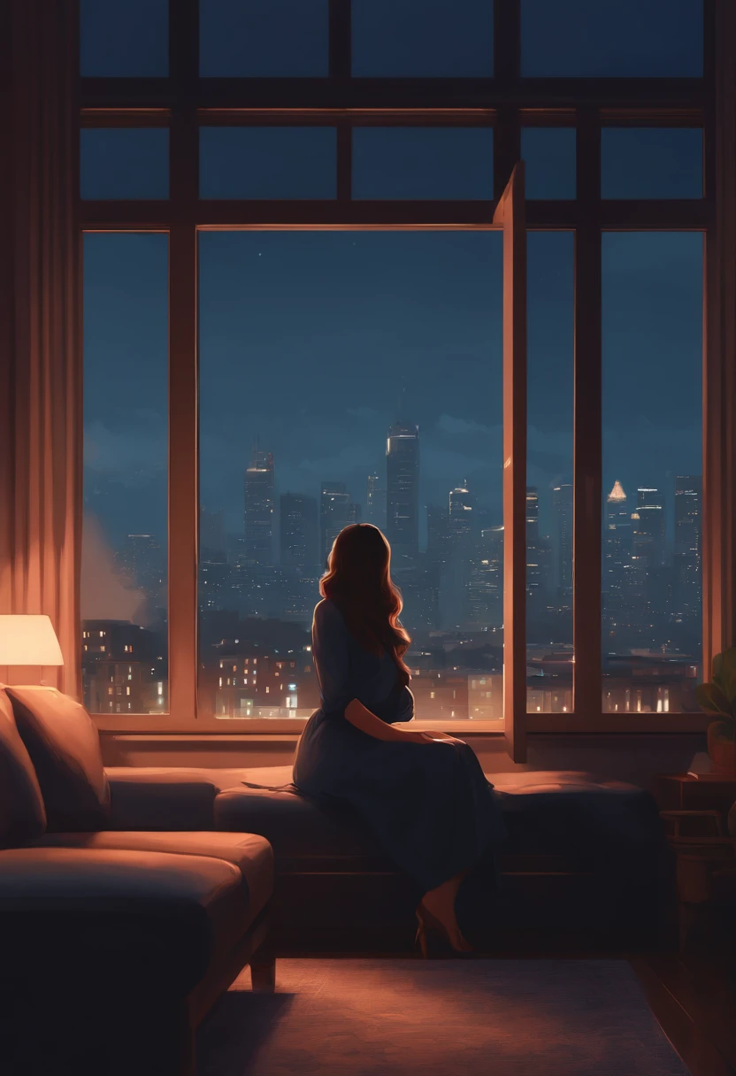 a woman sitting on a coach in front of a window cityscape, a digital painting inspired by Alena Aenami, pixiv, realism, calm night. digital illustration, blurred and dreamy illustration, blues, blurry and dreamy illustration, artistic. alena aenami, keyframe illustration, dreamy illustration, lo-fi illustration style, style of alena aenami, (size 2560 x 1440)