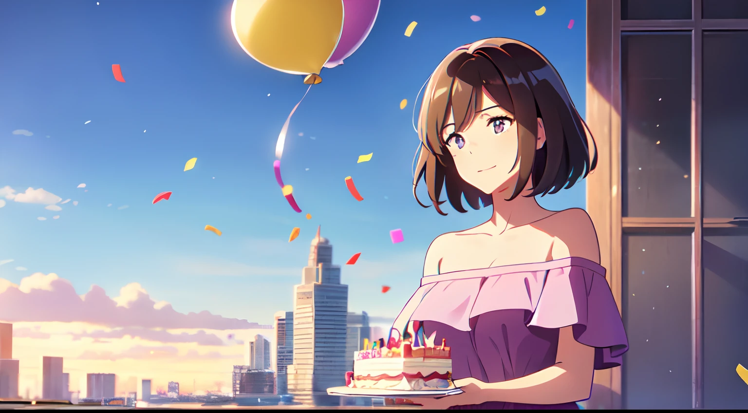 masterpiece, best quality, 1lady, solo, short hair, brown hair, purple eyes, Vast sky, beautiful skyline, off shoulder dress, morning scenery, balloon, birthday cake, confetti, outdoor party, close up