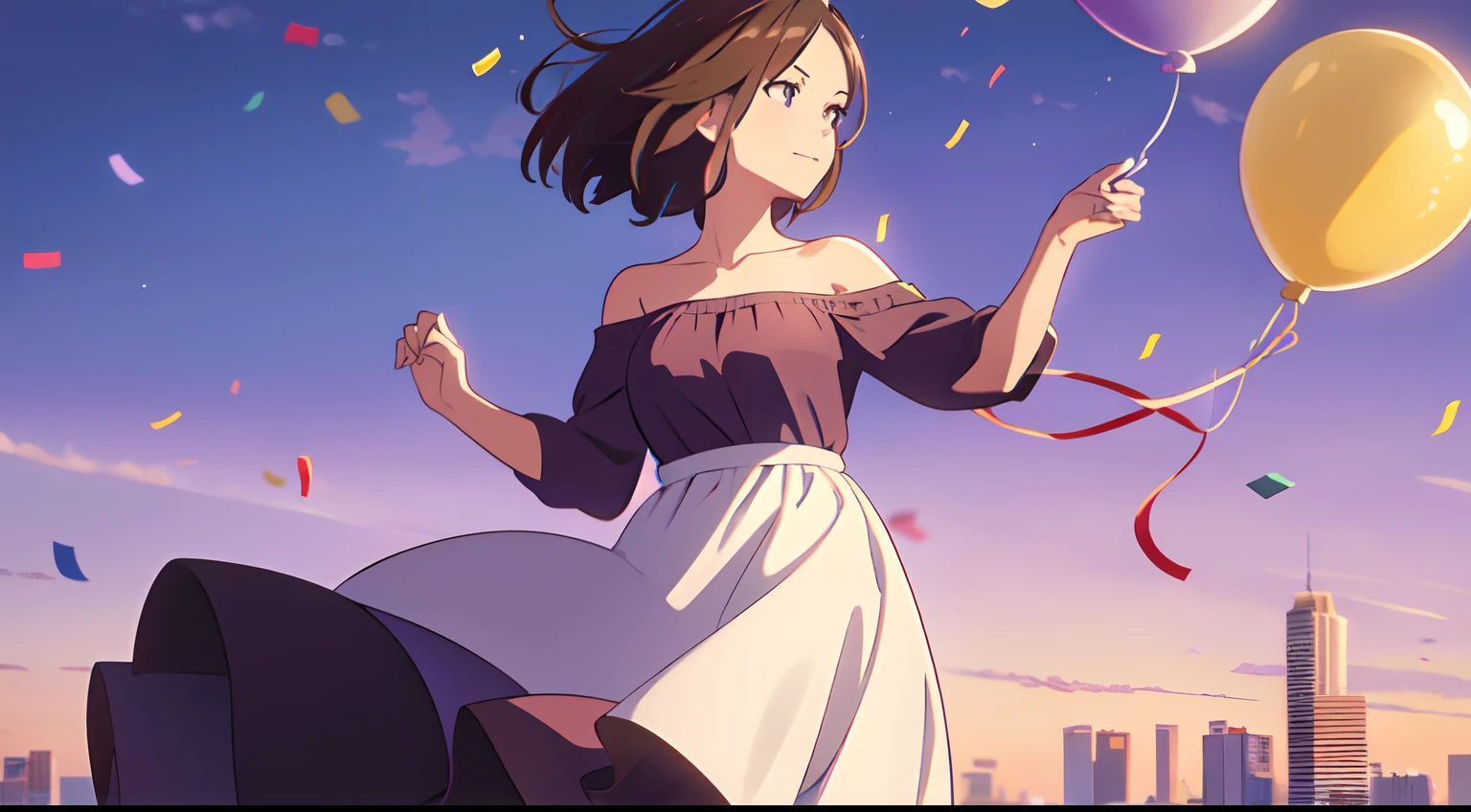 masterpiece, best quality, 1lady, solo, short hair, brown hair, purple eyes, Vast sky, beautiful skyline, off shoulder dress, morning scenery, balloon, birthday cake, confetti, outdoor party, close up