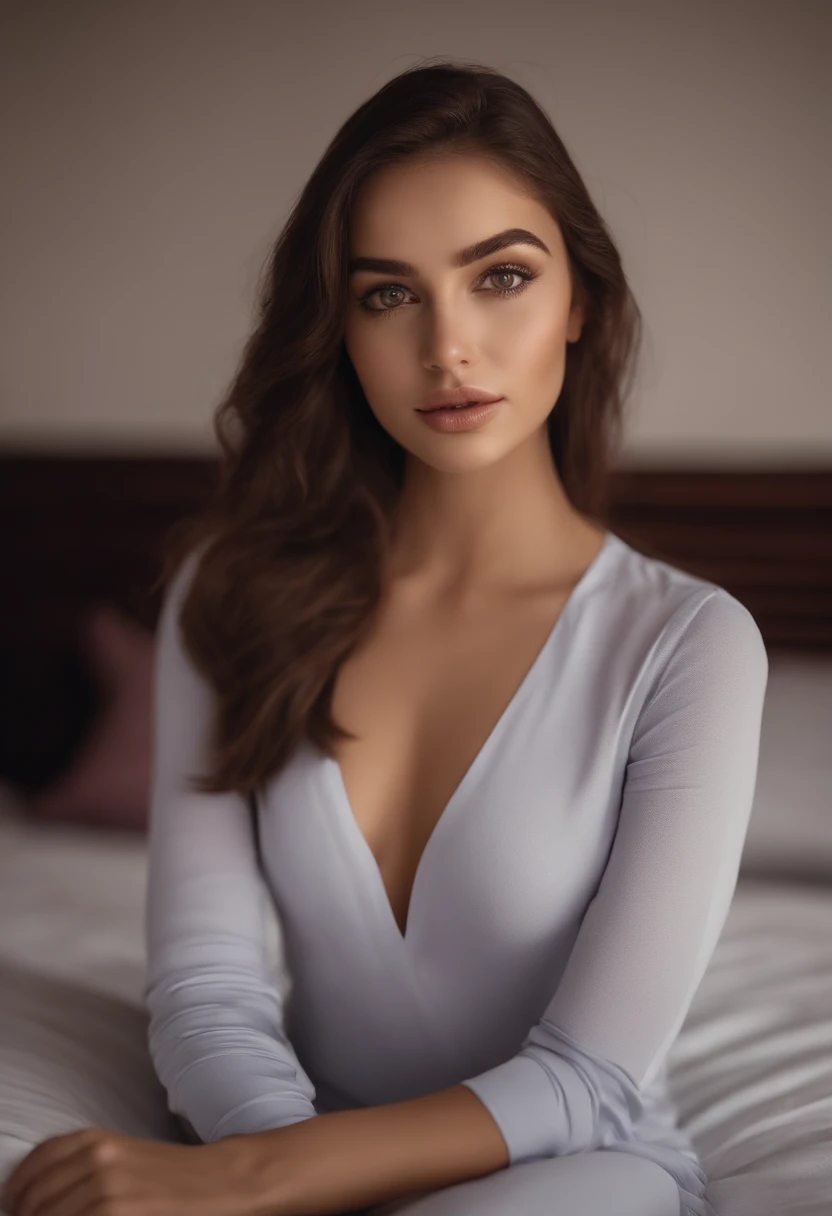 NSFW, Arafed woman in full , Sexy girl with brown eyes, ultra realistis, Meticulous detail, portrait sophie mudd, brown hair and large eyes, selfie of a young woman, Dubai's Eyes, violet myers, no makeup, natural makeup, looking straight at camera, face with artgram, fine makeup, Stunning full-length shot, kneeling on bed, in bedroom, Medium to large size bust, dressless, on a bed, flirts with his eyes