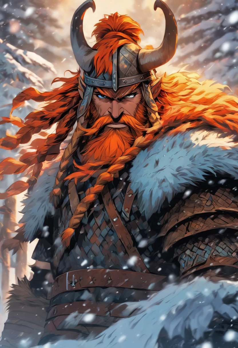 viking, cabelo vermelho, cabelo laranja, subindo montanha de gelo na vertical, agarrado a parede, tempestade de neve