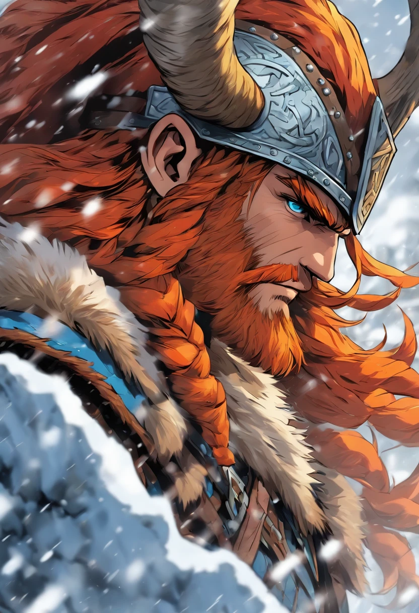viking, cabelo vermelho, cabelo laranja, subindo montanha de gelo na vertical, agarrado a parede, tempestade de neve