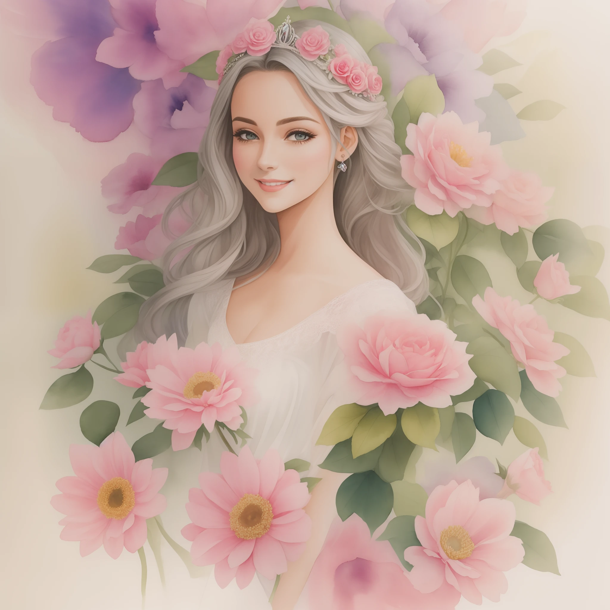 Uma pintura em aquarela de mulher sorrindo de longos cabelos roxos em um vestido de princesa rosa esta cercada de flores, ultra detalhada, sharped image, 4k