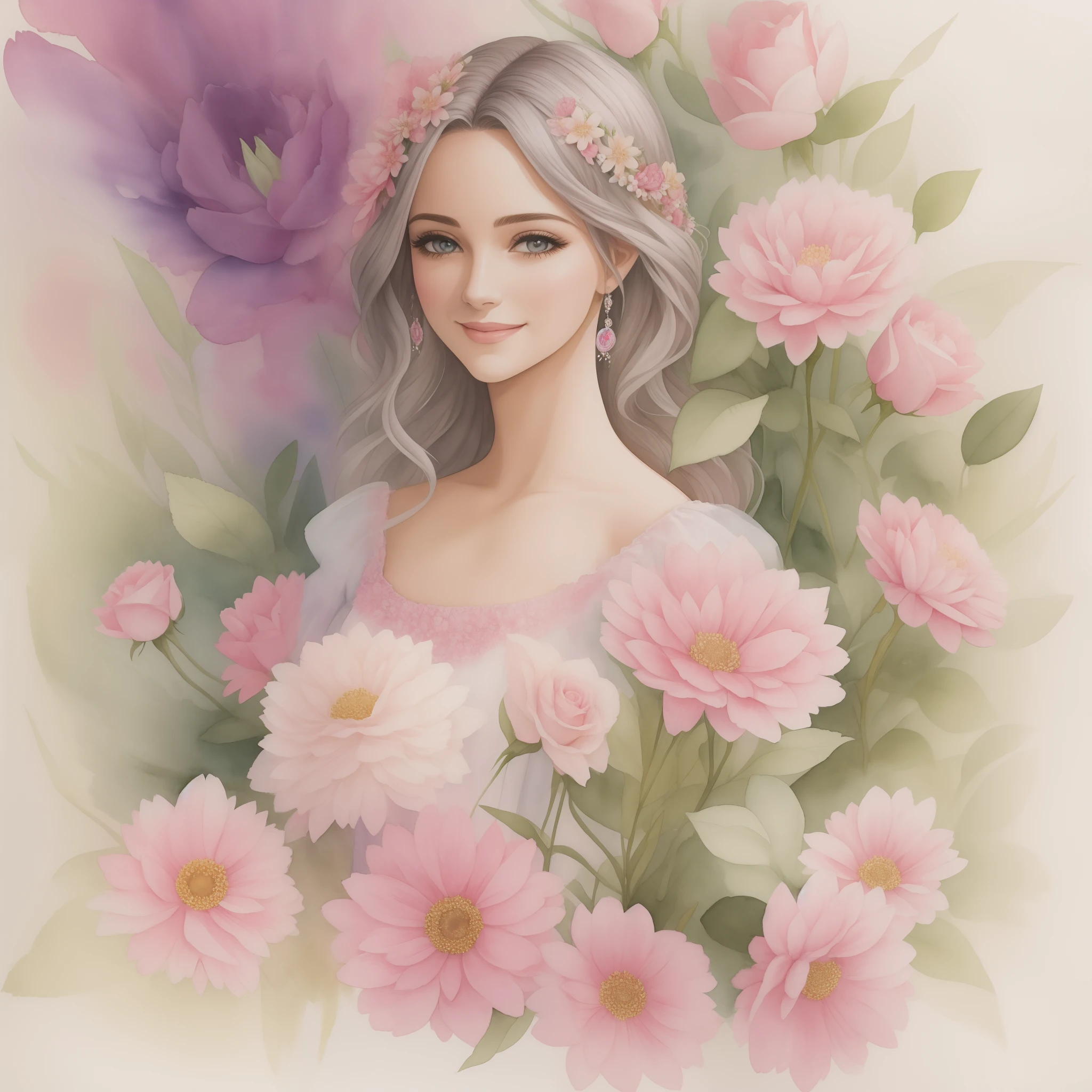 Uma pintura em aquarela de mulher sorrindo de    longos cabelos roxos em um vestido de princesa rosa esta cercada de flores, ultra detalhada, sharped image, 4k