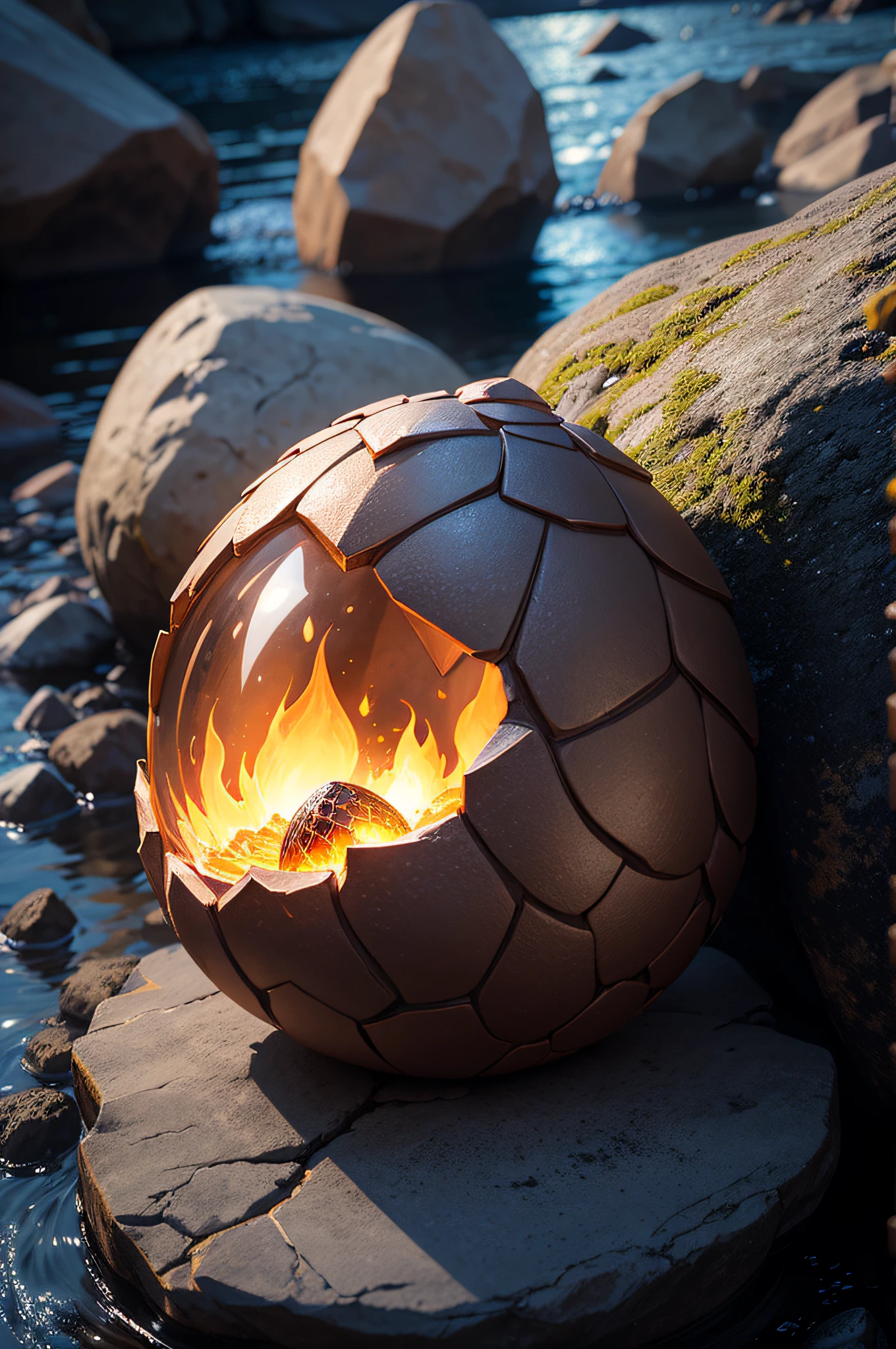 Meisterwerk, Beautiful fire-like dragon egg on rocks, Glowing substrate, Filmische Beleuchtung,