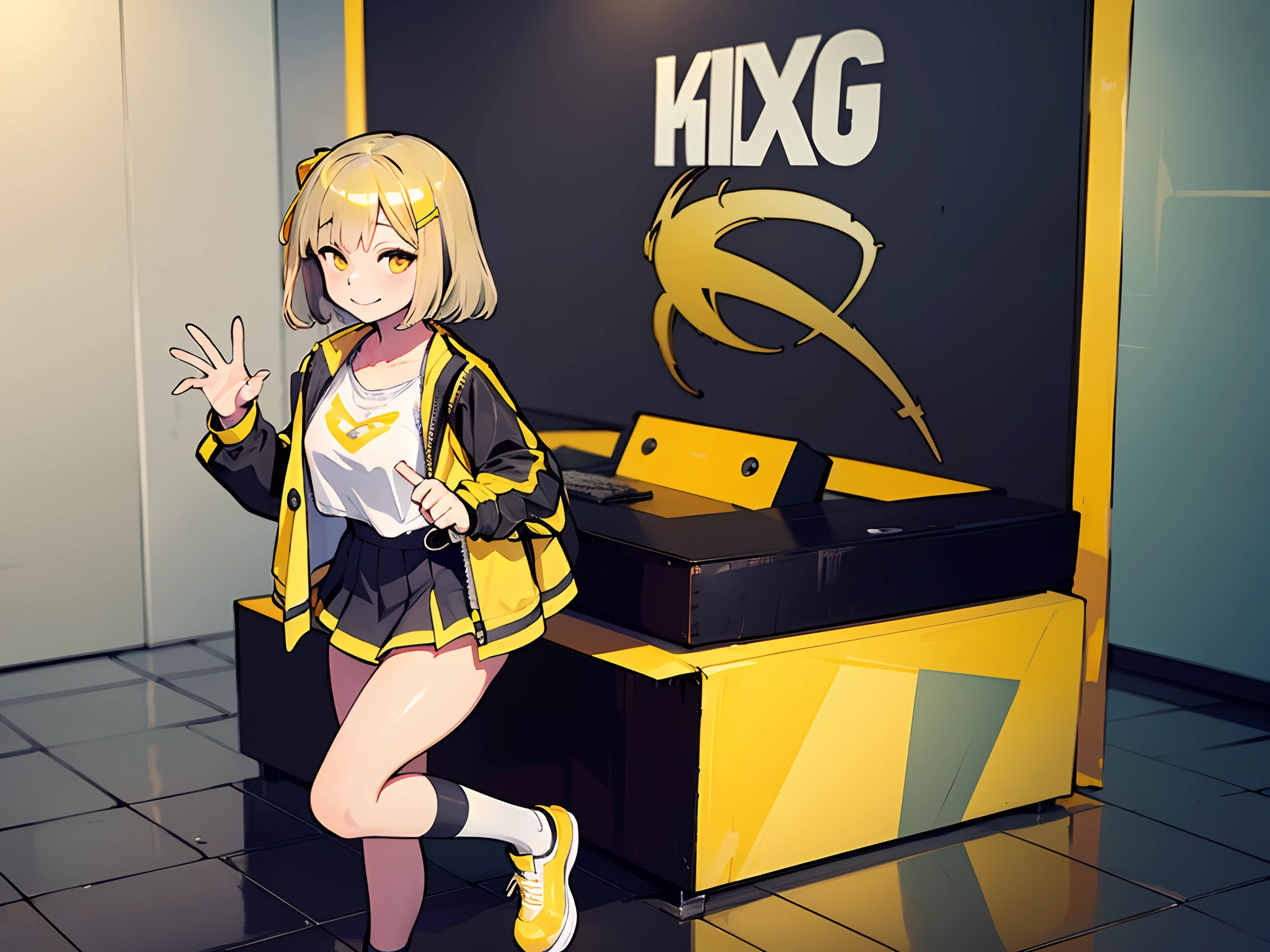 (Masterpiece, best quality, wallpaper, 4k, HD) 1 girl, solo!!, dull blonde hair, yellow eyes, smile, closed mouth, yellow school jacket, white skirt, black legwears, yellow platform sneakers, hands behind!!, school, colorful, day