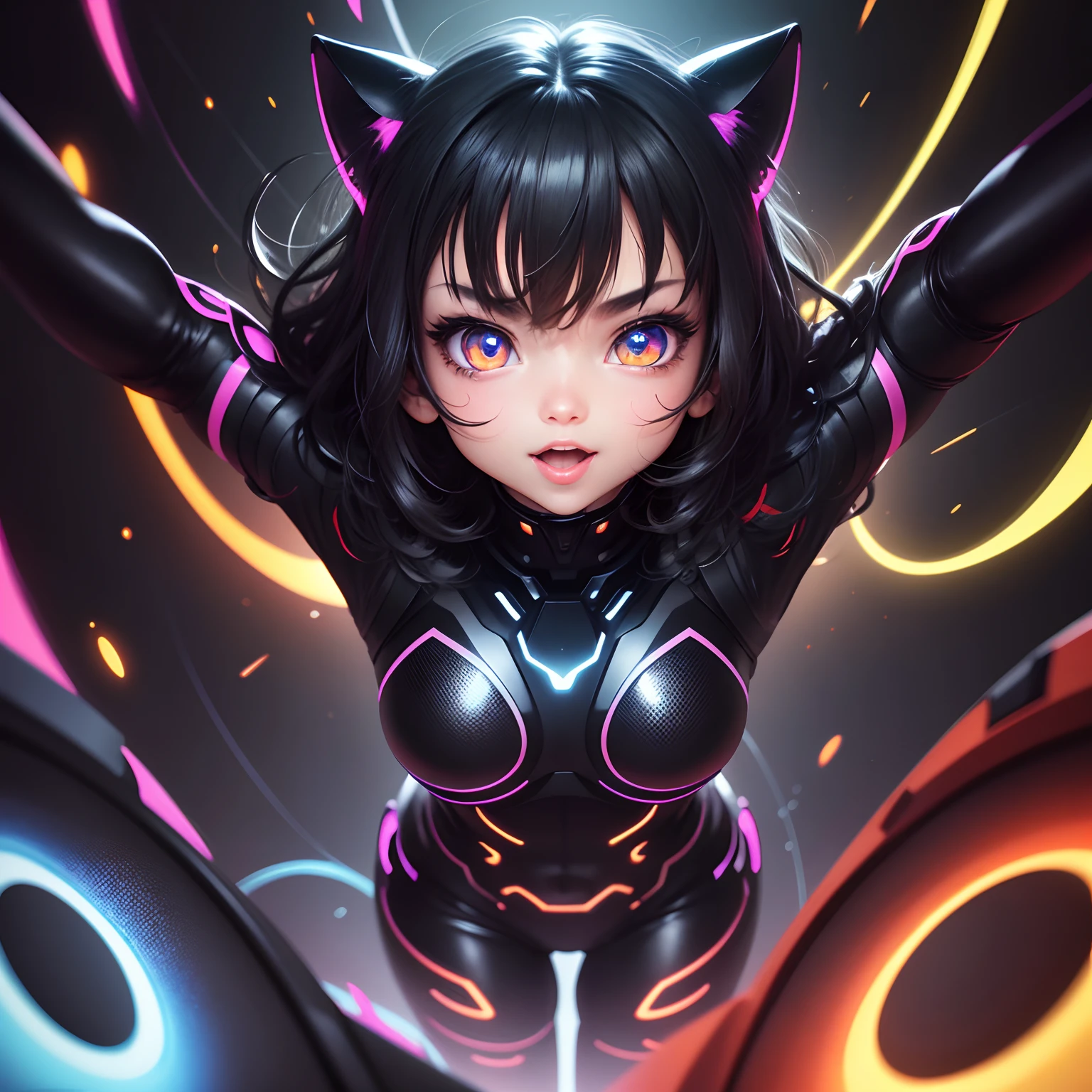 best quality, vivid colors, AI-generated, shiny surface, glowing eyes, black color background, playful expression, dynamic pose, detailed line art, cartoon, cute