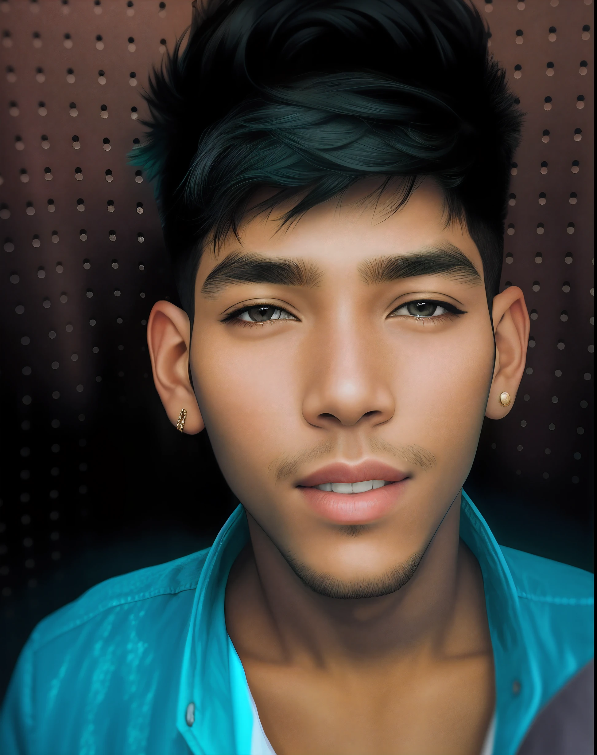 A realistic portrait of a man, 18 years old, a pop star, black hair, white skin