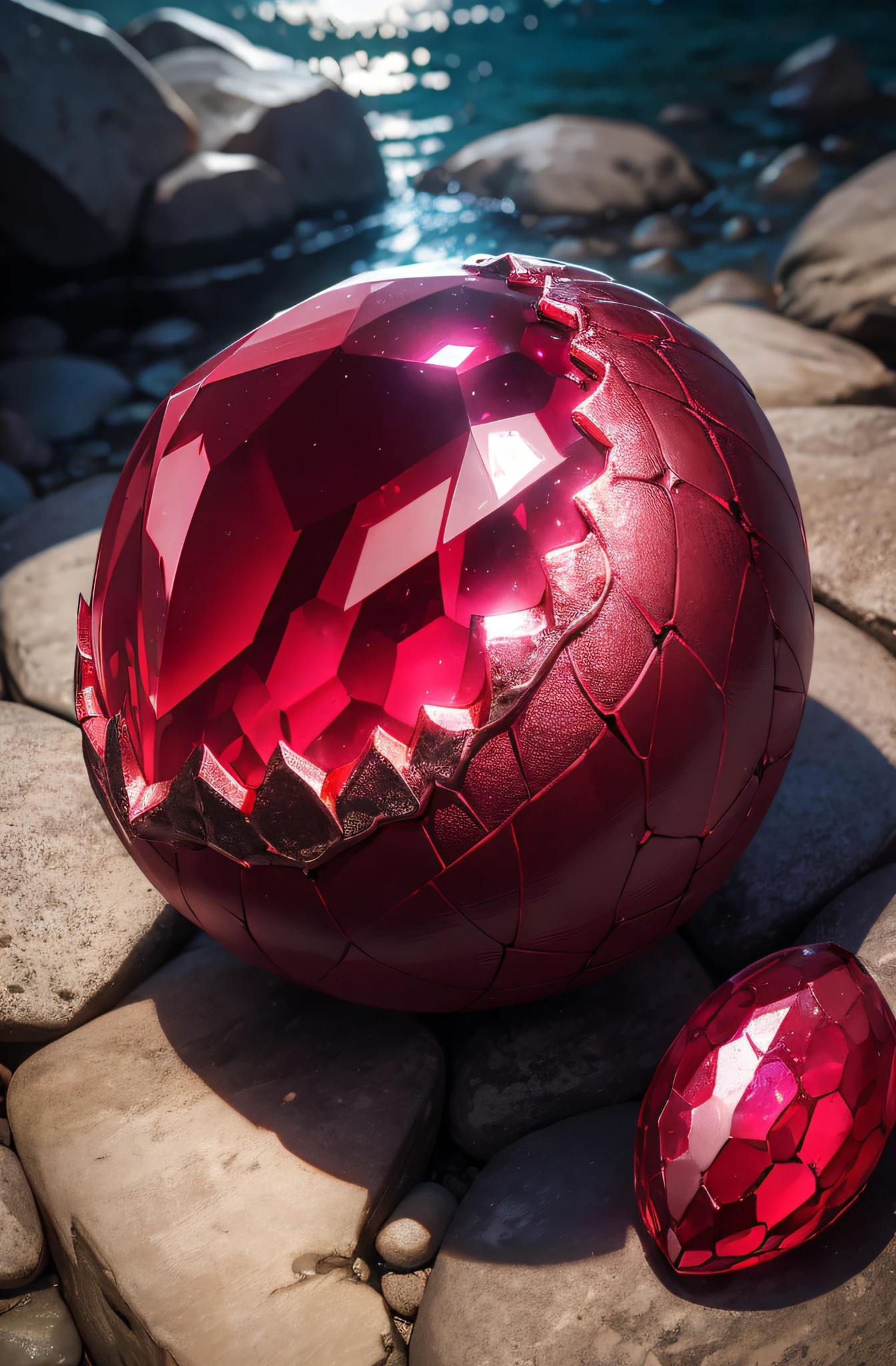 Meisterwerk, Beautiful ruby dragon egg on rocks, Glowing substrate, Filmische Beleuchtung,