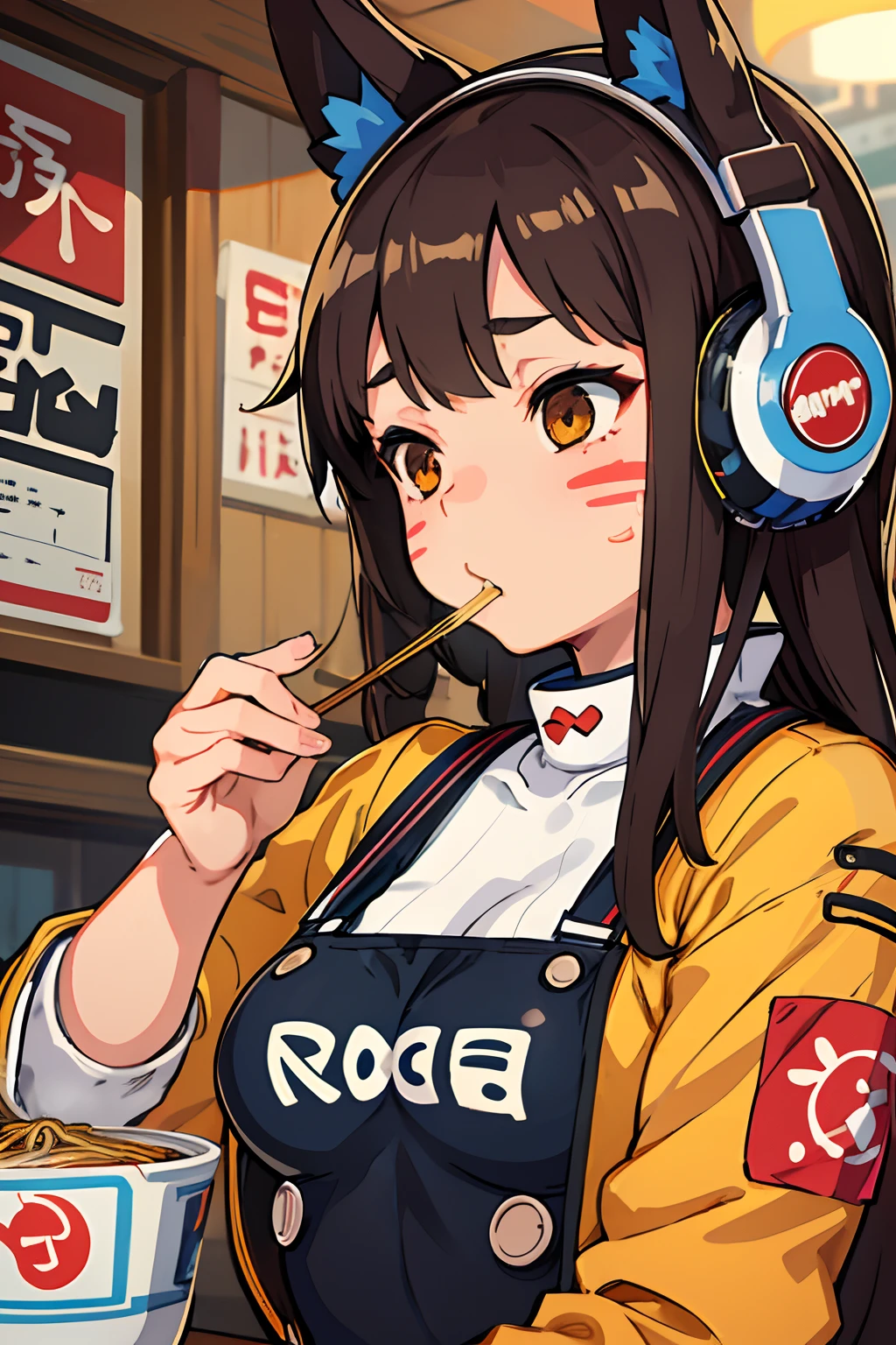 beautiful girl, cute face, front view, ramen, eating, chopsticks, aahana, long hair, brown hair, headphones, shoulder pads, whisker markings, blue bodysuit, ribbed bodysuit,