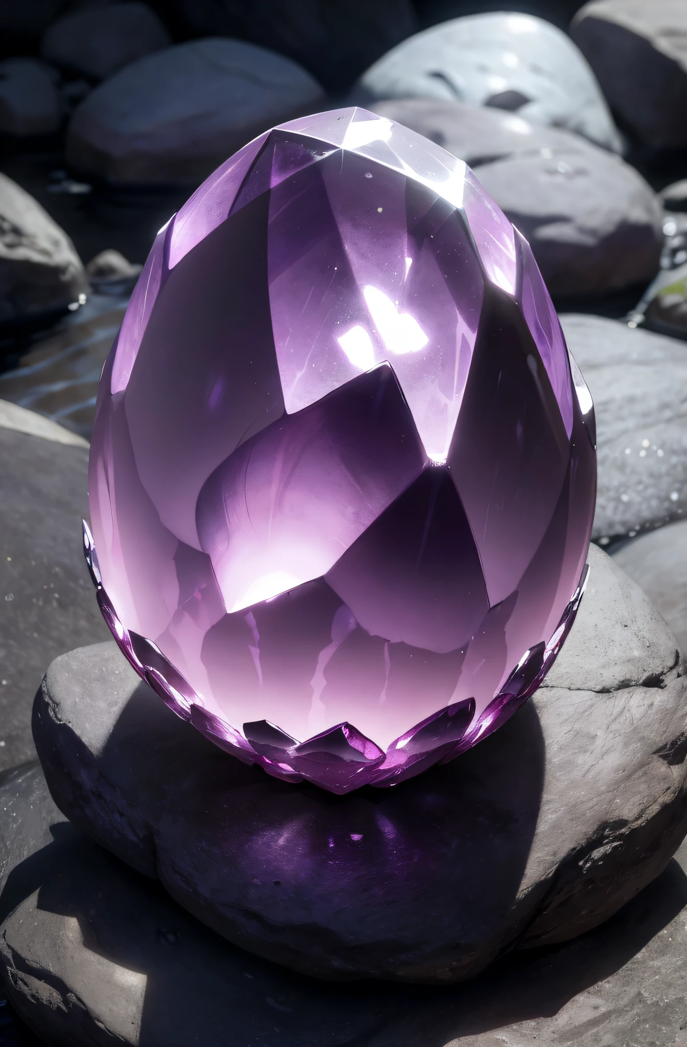 Meisterwerk, Beautiful amethy-like dragon egg on rocks, Glowing substrate, Filmische Beleuchtung,