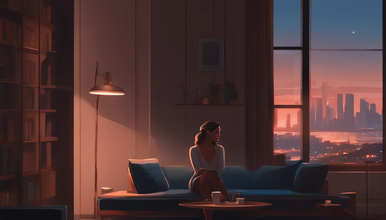 Araffe sitting on a couch in a living room with a city view - SeaArt AI