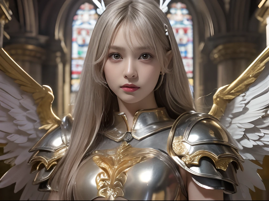 8K, Raw photo, Photorealistic, (Detailed skin, Best Quality:1.2), (Angel wings), ((armored dress, golden armor)), (((Small chest:1.1))), (Silver long hair:1.3, short bangs), Teenage girl in the gorgeous church, (Baby face:1.1, Neat face, Fairer skin), thighs, Full body shot, (low angle shot:1.2)