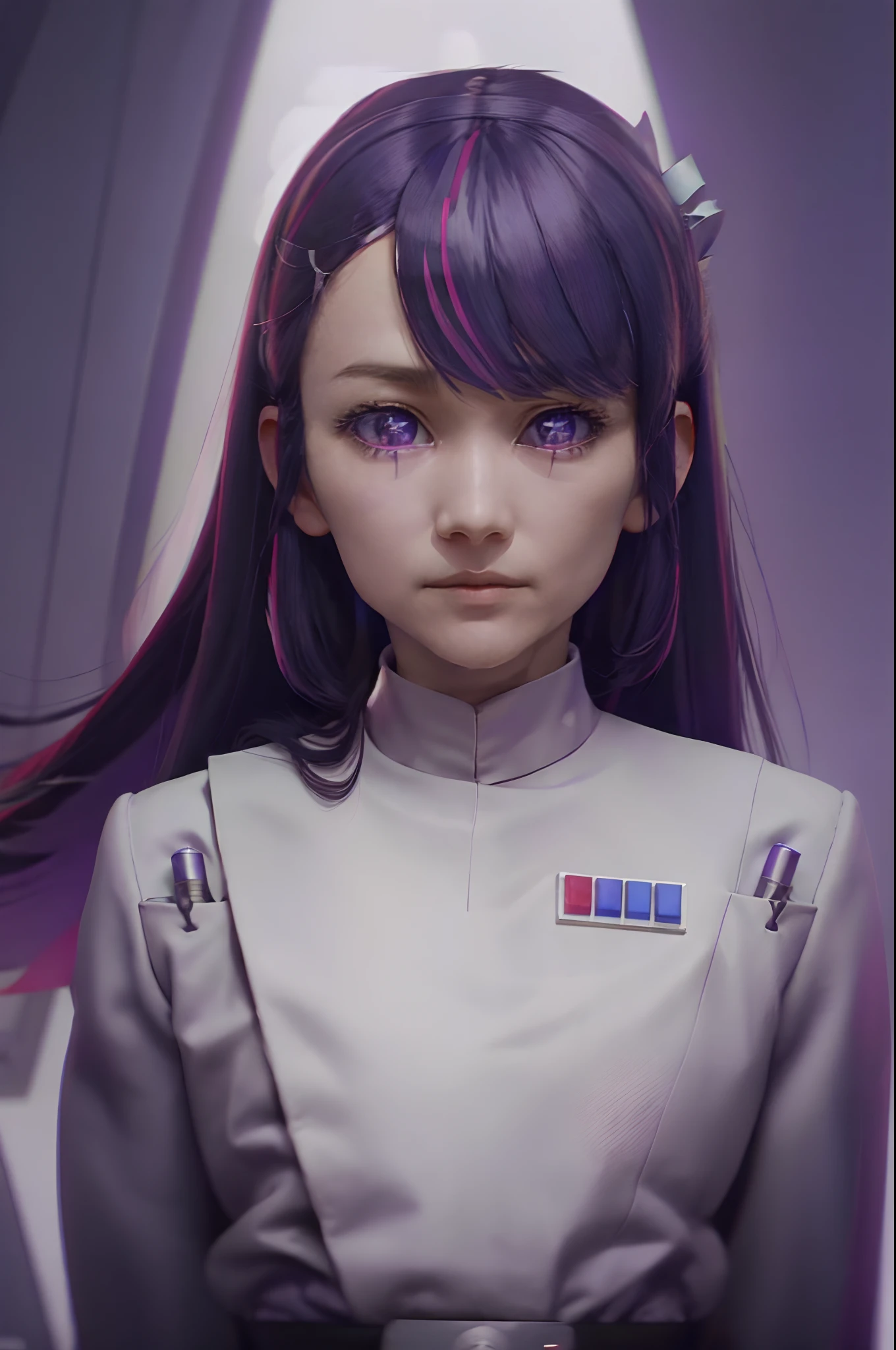 Hoshino Ai, long hair, purple hair, streaked hair ,purple eyes, star-shaped pupils, hair ornament,white imperialofficer uniform