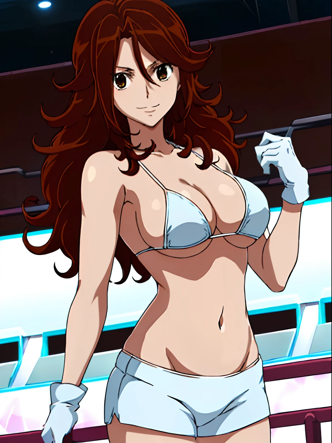 cowboy shot, upper body view, anime style: 1.8, anime drawing, ultra detailed face, ultra detailed body, 4k, Sumergai Lee Noriega, (standing), best quality, anime style, hires, highest definition, digital blending, bold drawing lines, ((slender body, female wrestler), (location: wrestling arena, crowds watching), (weak body, slender body, broad shoulders, slim arms, little biceps, thighs), ((white micro bikini, shorts, groin, white boots, white gloves, collar)), victorious, winner, smile, , (big breasts), (big eyes, brown eyes), (warming up), (brown hair, loose hair, curly hair, wavy hair, long hair, missy hair), 27 years old, tilting body