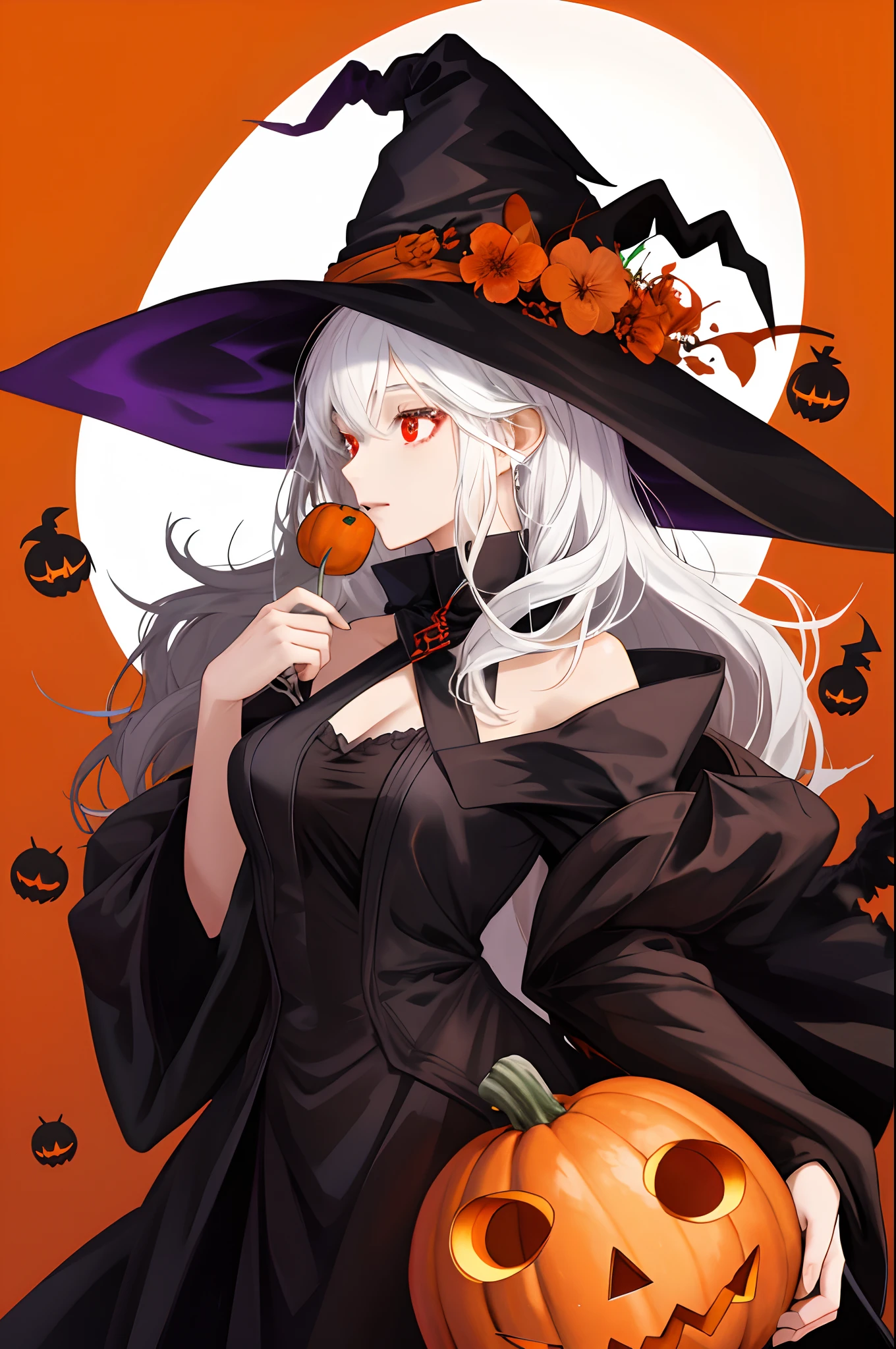 There's a woman in a witch costume holding two pumpkins, a witch hat, a witch outfit, a black outfit, white hair, an orange Halloween background, red eyes, a pretty girl