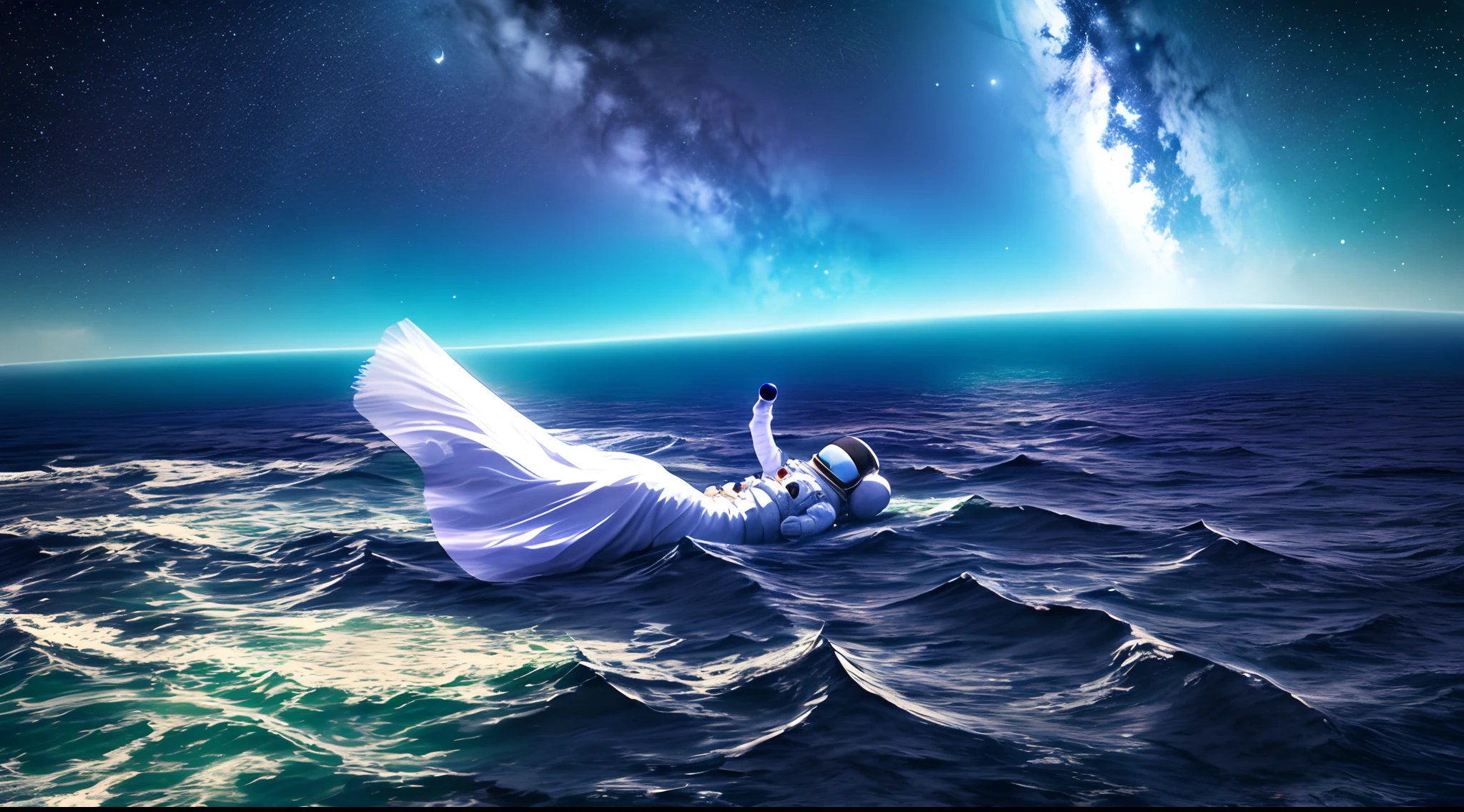 Astronaut floating in ocean , ocean water with planets , sky with stars , purple sky