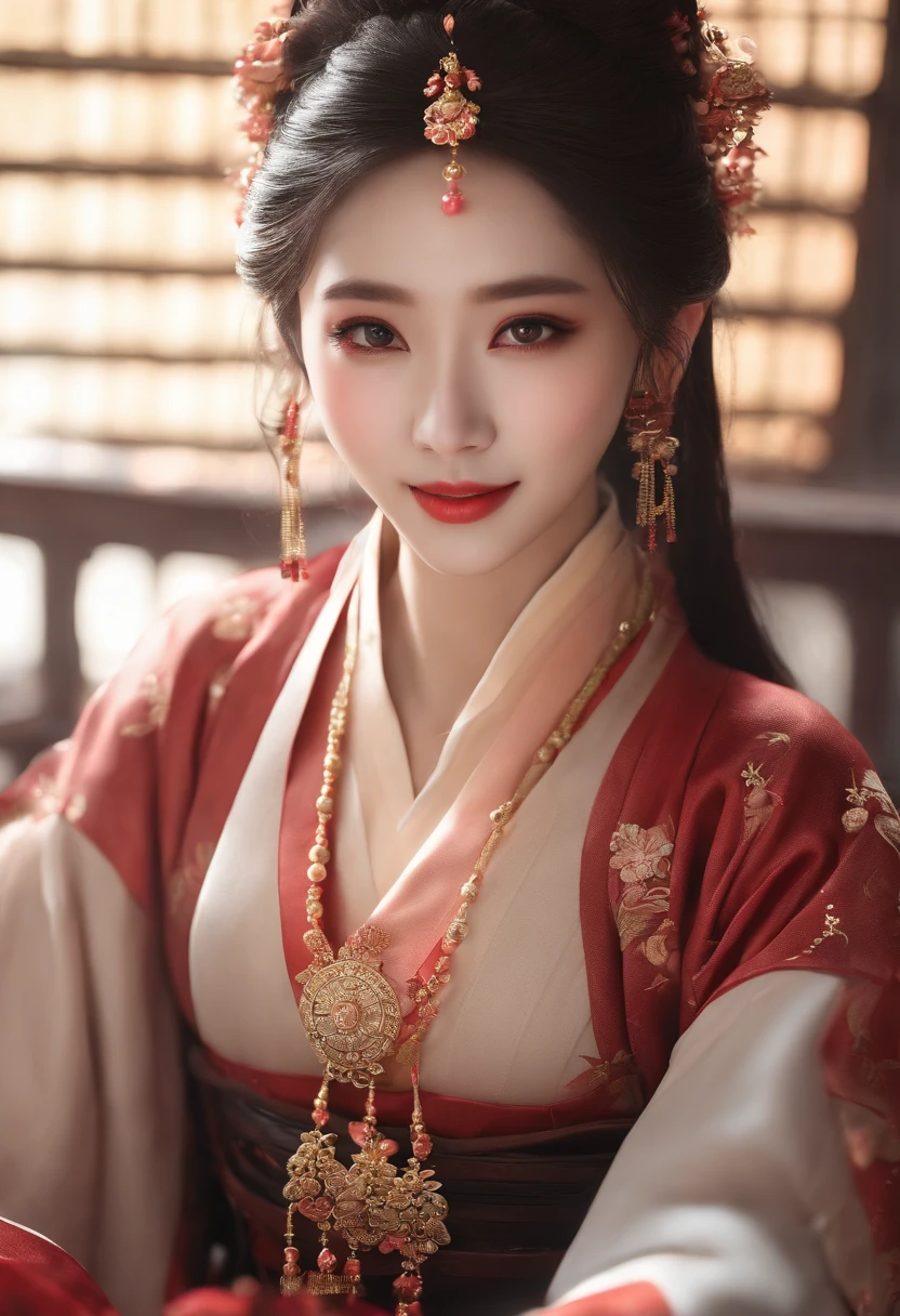 8k, Masterpiece Best Quality, Women, Man, (Gentle Shape), perfect face, hanfu dress, sexy, fascinating, thin fabric chinese dress, tower, red lantern tower,