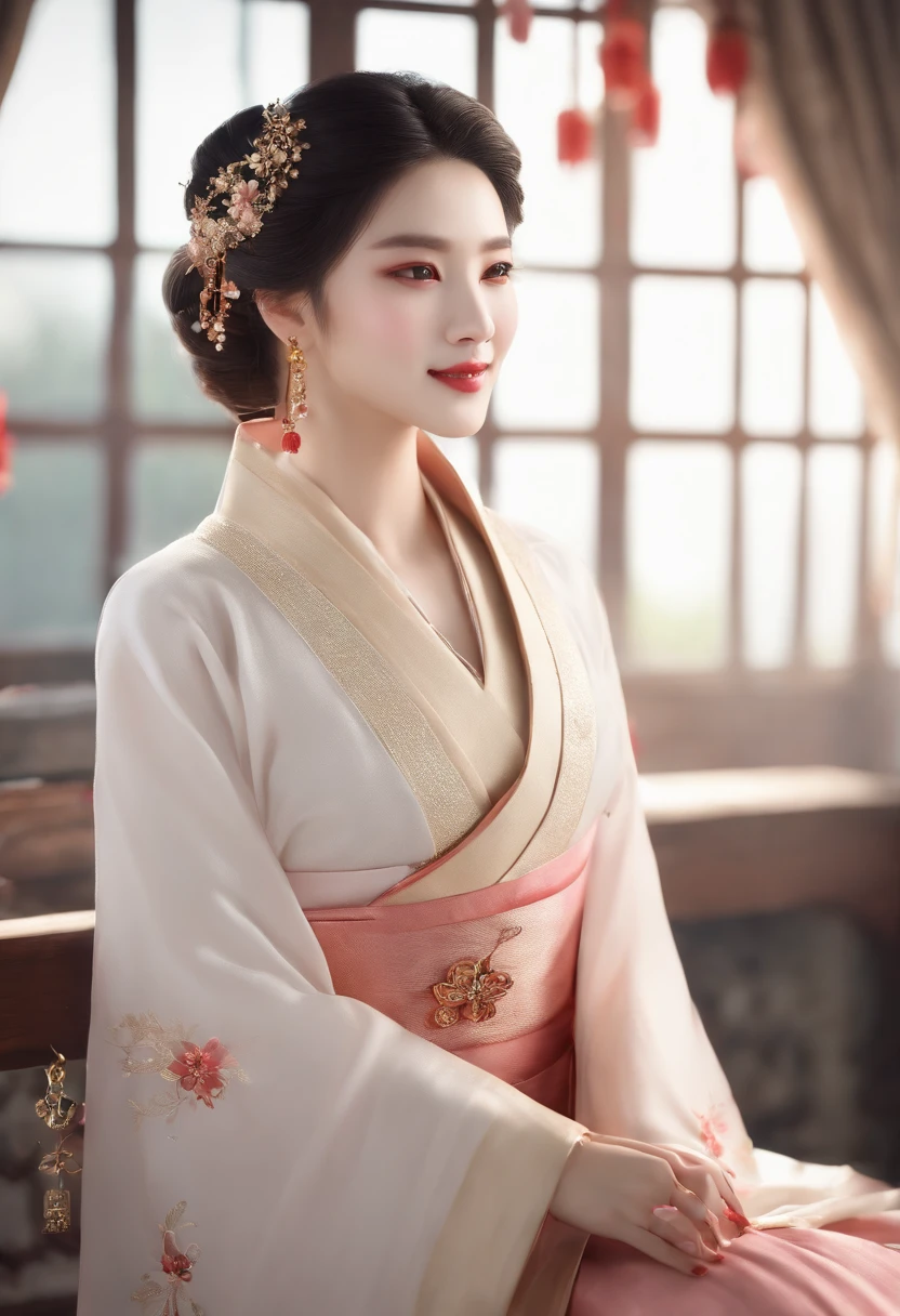 Best quality, Masterpiece, A high resolution, 1girll,Blush,(Seductive smile:0.8),Star-shaped pupils,China Hanfu,hair adornments,necklace, jewelry,Beautiful face,after sexing_Body, Tyndall effect,Photorealistic, Dark Studio, rim lit, twotonelighting,(highdetailskin:1.2), 8K, Ultra HD, Digital SLR, Soft lighting, High quality, voluminetric lighting, candid, photographed, high resolution, 4K, 8K, Bokeh.