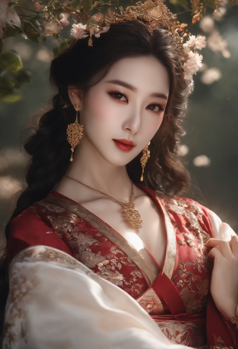 Best quality, Masterpiece, A high resolution, 1girll,Blush,(Seductive smile:0.8),Star-shaped pupils,China Hanfu,hair adornments,necklace, jewelry,Beautiful face,after sexing_Body, Tyndall effect,Photorealistic, Dark Studio, rim lit, twotonelighting,(highdetailskin:1.2), 8K, Ultra HD, Digital SLR, Soft lighting, High quality, voluminetric lighting, candid, photographed, high resolution, 4K, 8K, Bokeh.
