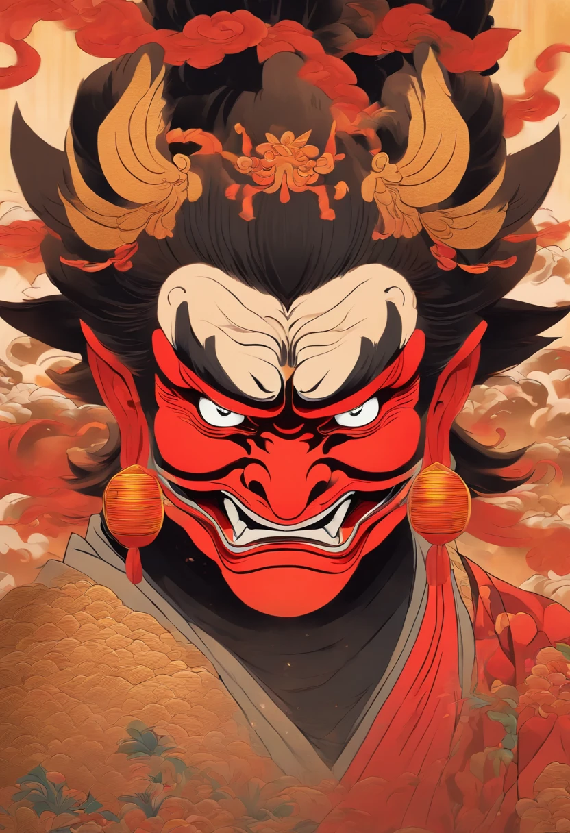 a Tengu warrior, Tengu japan Guanyin, Inspired by India, sugegasa, hat sugegasa, red mask, long nose, together nose, serene expression, Shui Mo Hua, lotus, Chinese painting style, Thangka style