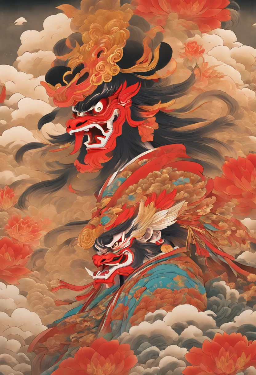 a Tengu warrior, Tengu japan Guanyin, Inspired by India, sugegasa, hat sugegasa, red mask, long nose, together nose, serene expression, Shui Mo Hua, lotus, Chinese painting style, Thangka style