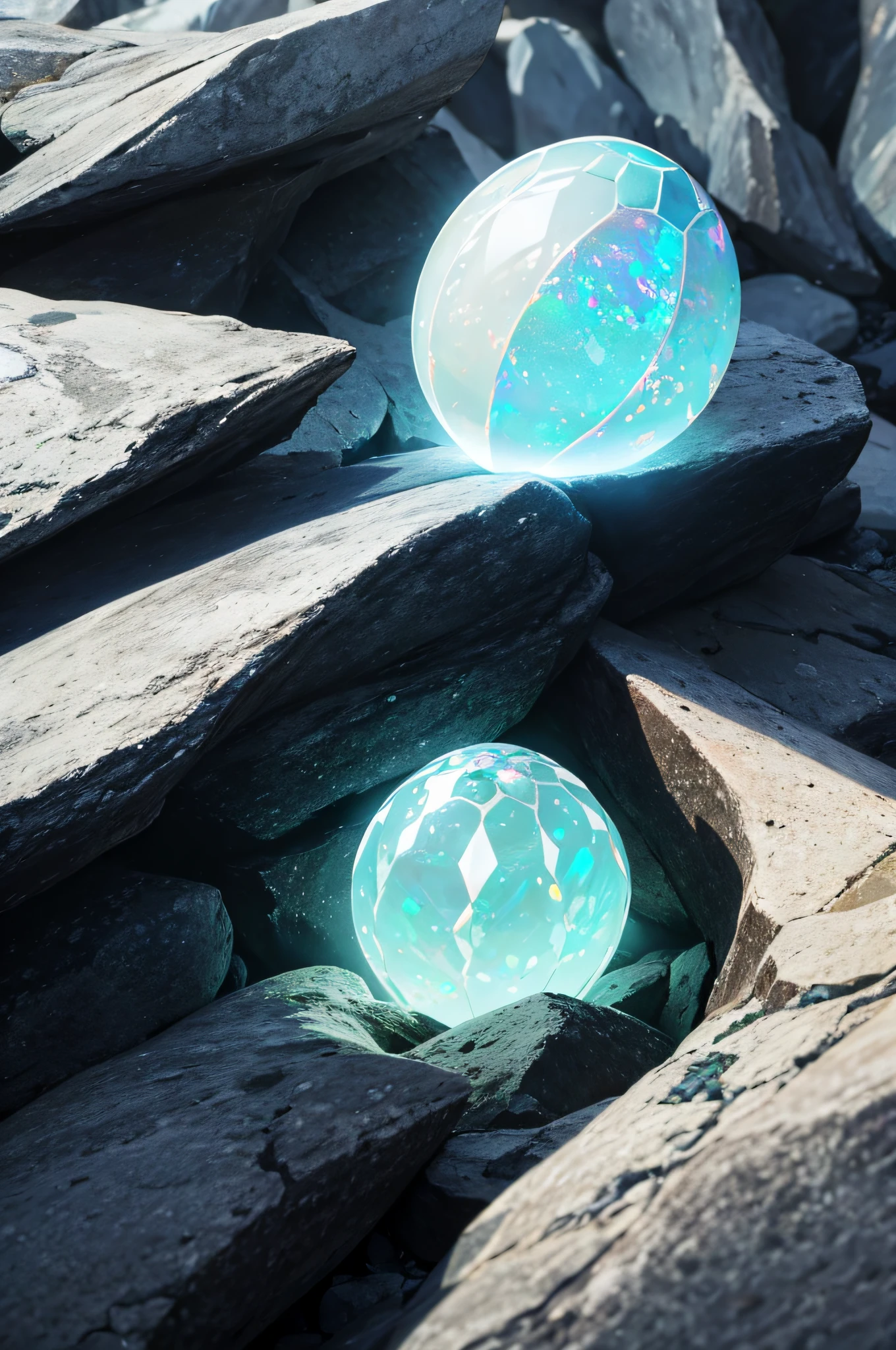Meisterwerk, Beautiful opal-like dragon egg on rocks, Glowing substrate, Filmische Beleuchtung