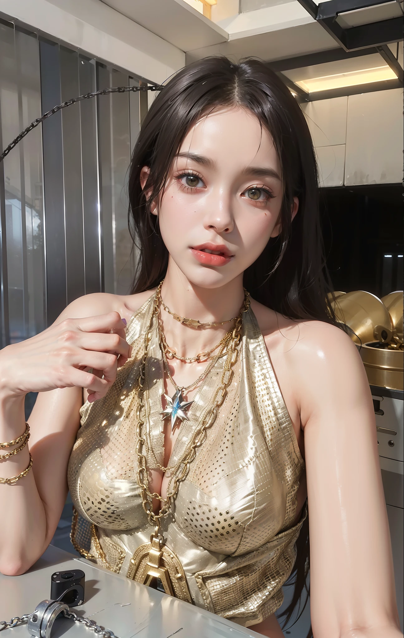 ,((Wearing a torn sheer costume of a superheroine)),(, No bra)), Wet crotch, Wet thighs, Beautiful girl with accentuated slender abs: 1.4, (((nipple tips protruding, areola is protruding, The shape of the pubic region is clearly visible)), sixpack abs: 1.4, Bust Botox, Photo, Sharpness, Unique 850 4, Koda850 k portrait camera, F1.6 shots, Ultra-realistic textures, Spectacular light textures, Cinestil 800 Fashion Mechanics, (futuristic sci-fi battle fashion: 1.1), (tied perfectly by chain), Restraint, Slaves, collars, ((wide prison with sunlight)), Dark fantasy, Realistic material details, extreme hight detail, Ultra-realistic materials ((Torn costume))), Wet, Cloudy, (Chained)), ((big emphasized by chains)), ((chains digging into crotch)), ( (Collar)), (, No bra), shredded costumes, broken golden shields and battle spears,, White combat gloves, Combat shoulder armor, Blood splattered on the face, Blood splattered, Realistic, (Bruises, Dirty, ripped clothing, skimpy clothing, Blood: 1.3),  Torn Cape, Torn pantyhose, Long legs, ((iron pipe in the crotch)), Metallic shackles and fetters, ((chains hung from heaven)), Wet crotch is clearly visible, Swarovski's sword and the anatomy beneath his feet, (futuristic sci-fi battle fashion, Torn mesh stockings),