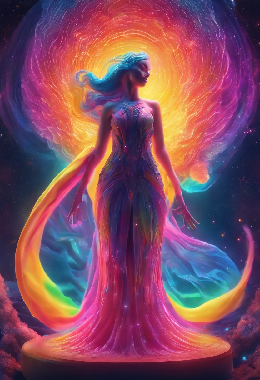 An incomprehensible and spectacular scene of the appearance of a figure from a glowing cloud, filaments of fractal nebula, Cosmic entities, Celestial, Space, Bright and bright, Twists, whirling, Unrealistic, High-contrast, Symbolic, Magic, mysticistic, hoaxing, Hyper-realistic, Oversaturated, Colorful, Goddess in the Dome