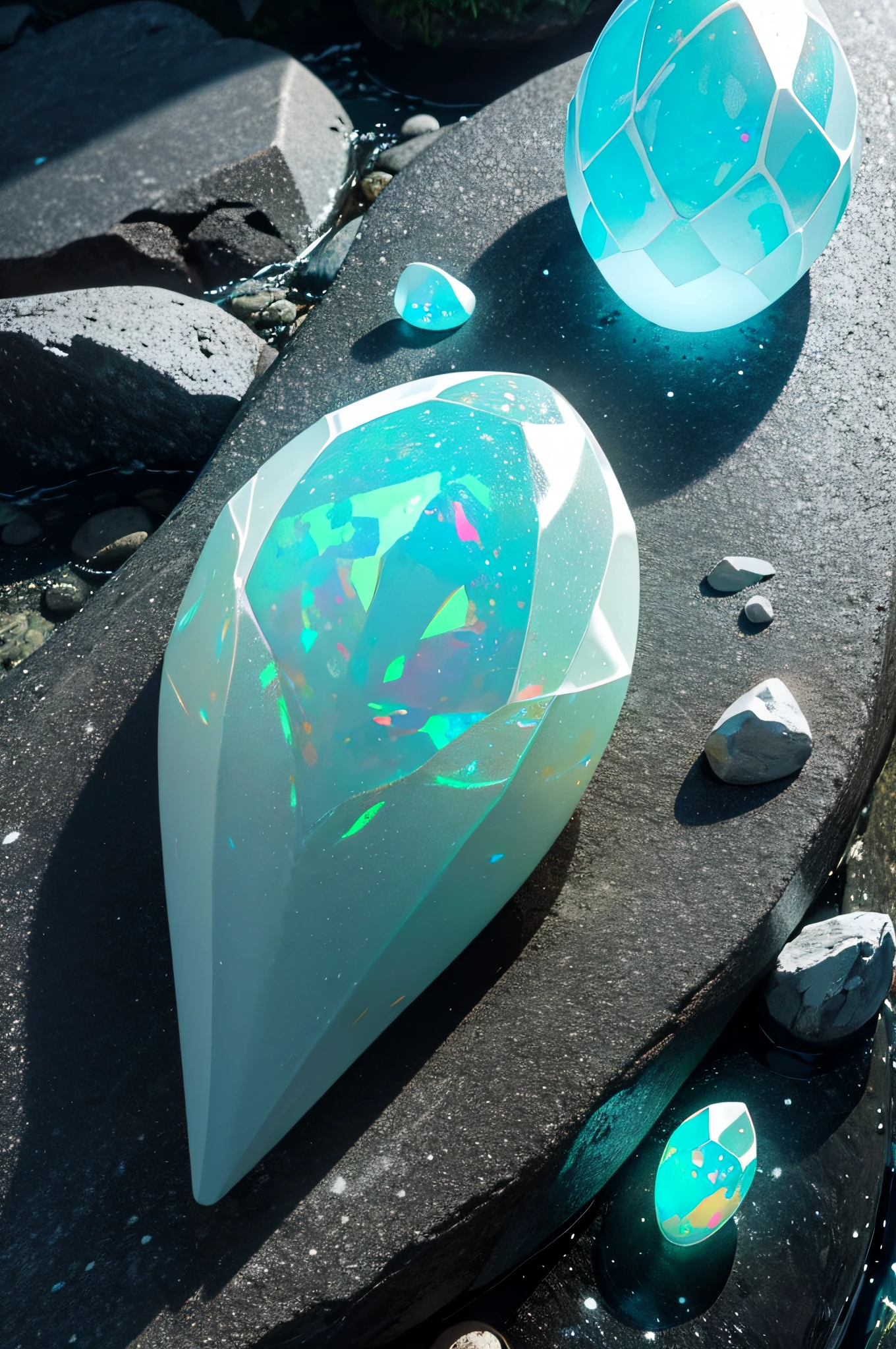 Meisterwerk, Beautiful opal-like dragon egg on rocks, Glowing substrate, Filmische Beleuchtung