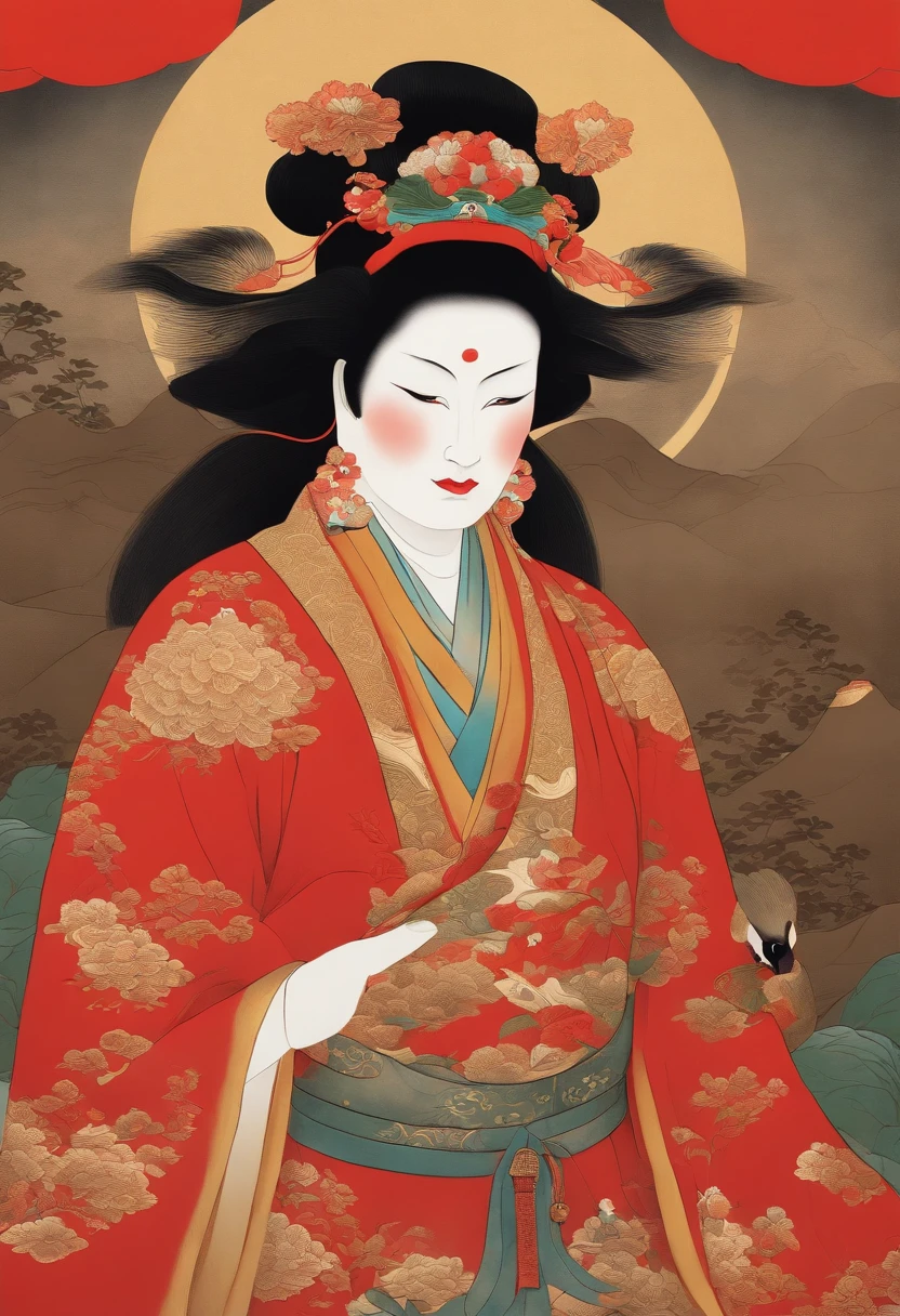 Japanese Mythology,a Tengu warrior, Tengu japan Guanyin, Inspired by India, sugegasa,hat sugegasa, red mask, long nose, together nose, serene expression, Shui Mo Hua, lotus, Chinese painting style, Thangka style