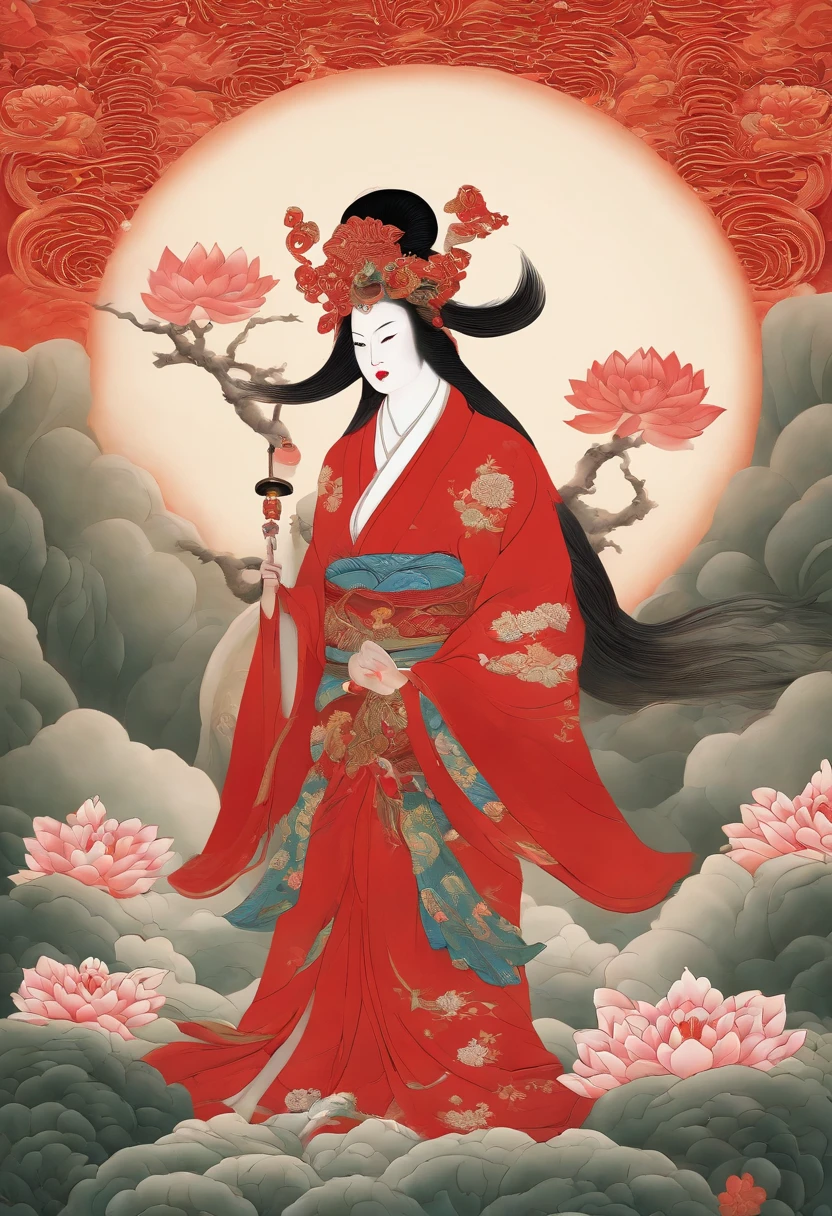 Japanese Mythology,a Tengu warrior, Tengu japan Guanyin, Inspired by India, sugegasa,hat sugegasa, red mask, long nose, together nose, serene expression, Shui Mo Hua, lotus, Chinese painting style, Thangka style