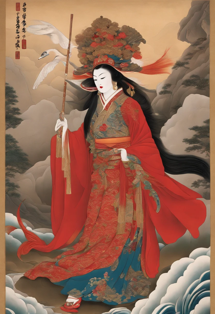 Japanese Mythology,a Tengu warrior, Tengu japan Guanyin, Inspired by India, sugegasa,hat sugegasa, red mask, long nose, together nose, serene expression, Shui Mo Hua, lotus, Chinese painting style, Thangka style