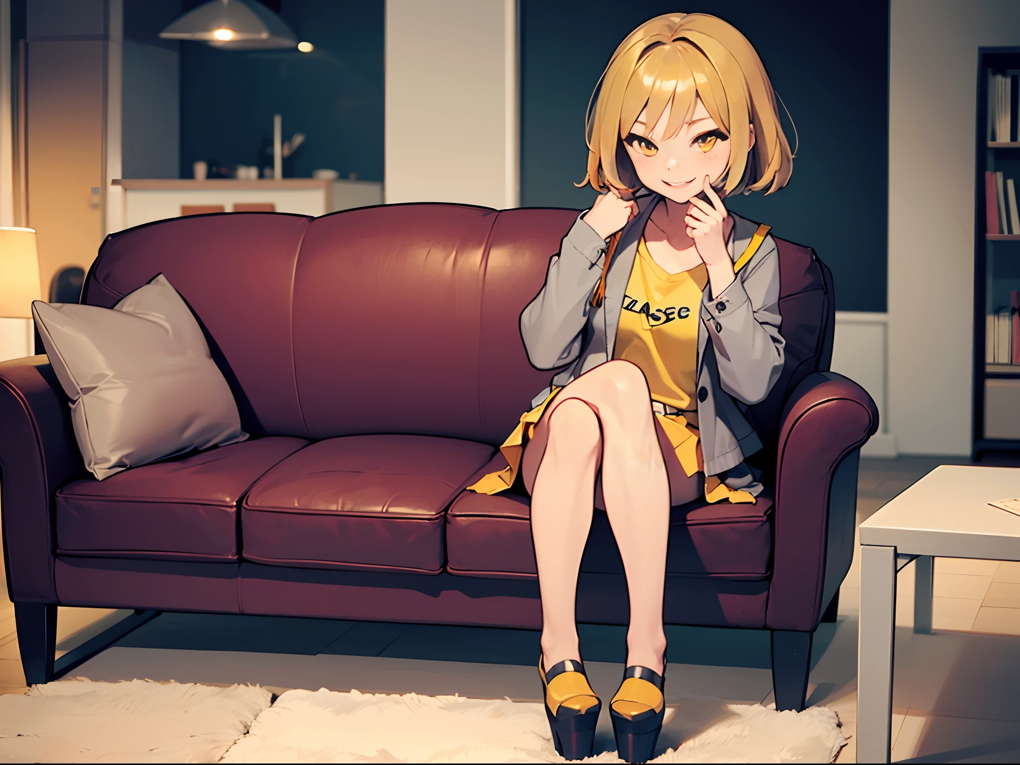 (Masterpiece, best quality, good anatomy, wallpaper, 4k, HD) 1 girl, solo!!, dull blonde hair, yellow eyes, smile, closed mouth, yellow school jacket, white skirt, black legwears, yellow platform shoes, sofa, living room, day
