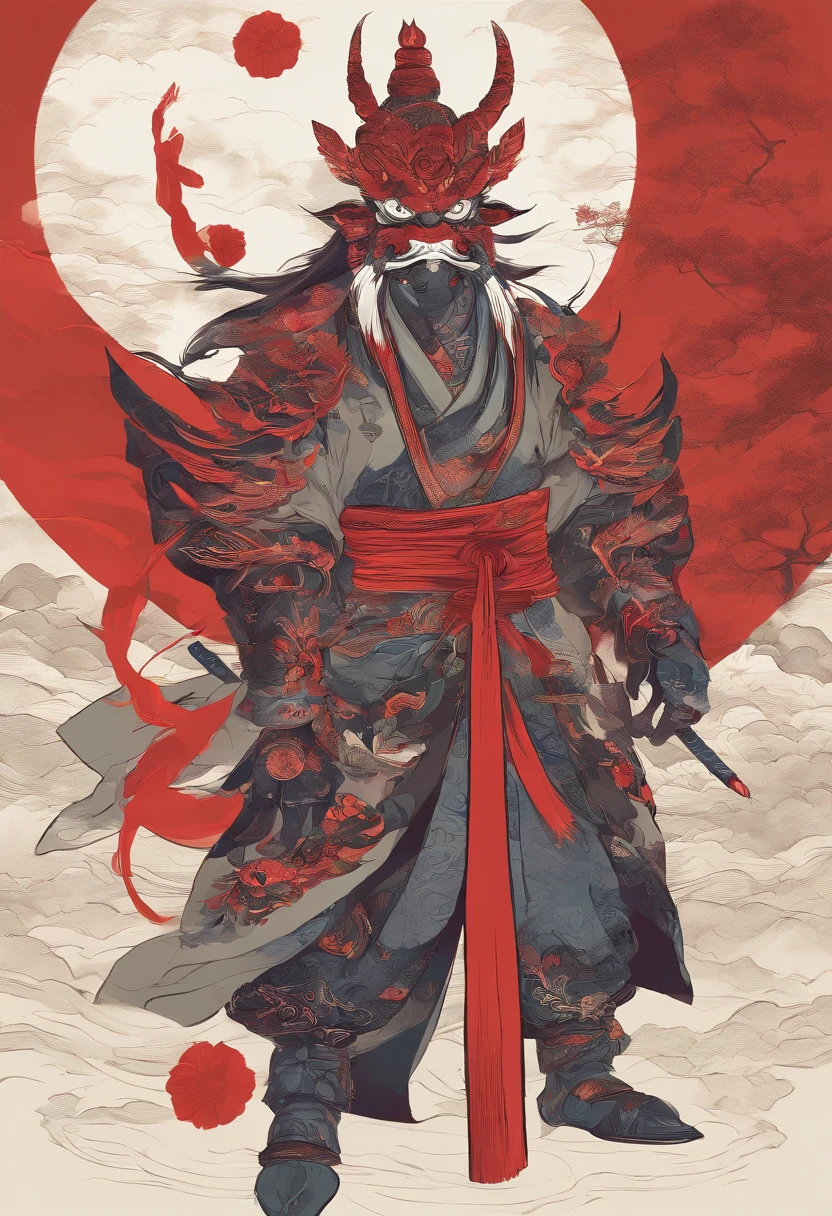 Japanese Mythology,a Tengu warrior, Tengu japan Guanyin, Inspired by India, sugegasa,hat sugegasa, red mask, long nose, together nose, serene expression, Shui Mo Hua, lotus, Chinese painting style, Thangka style